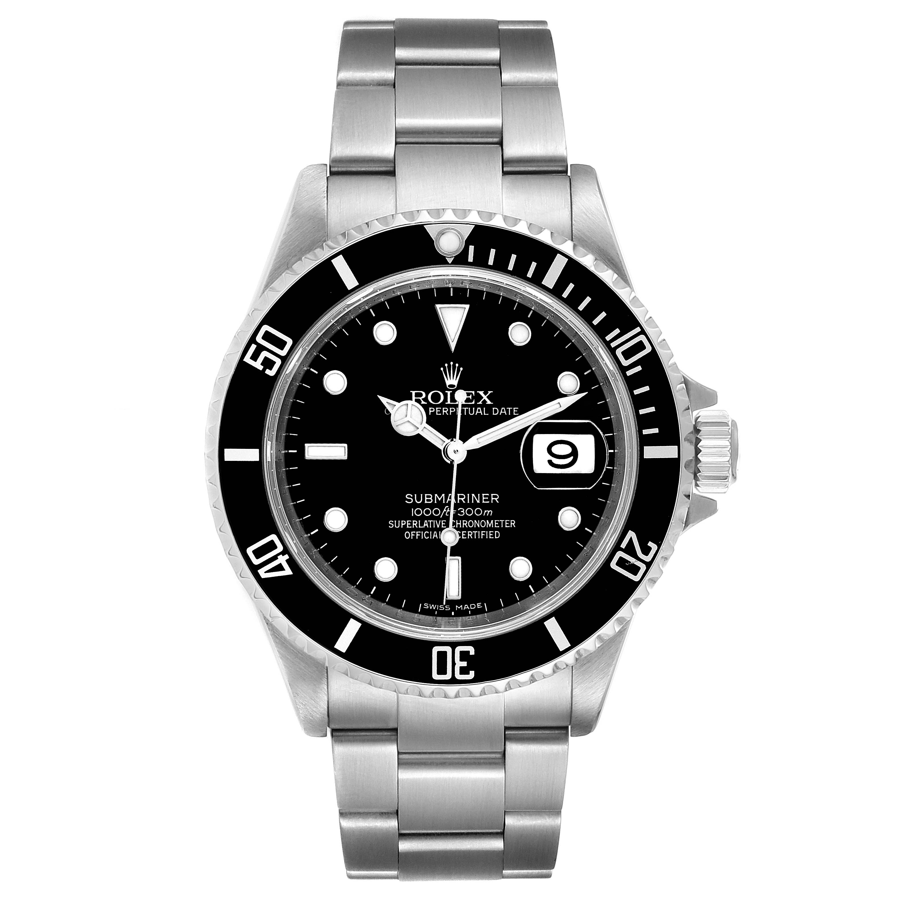 The image shows a front view of a Rolex Submariner 16610 Men's Stainless Steel Black Dial 16610 Men's Stainless Steel Black Dial, displaying the dial, bezel, bracelet, and crown.