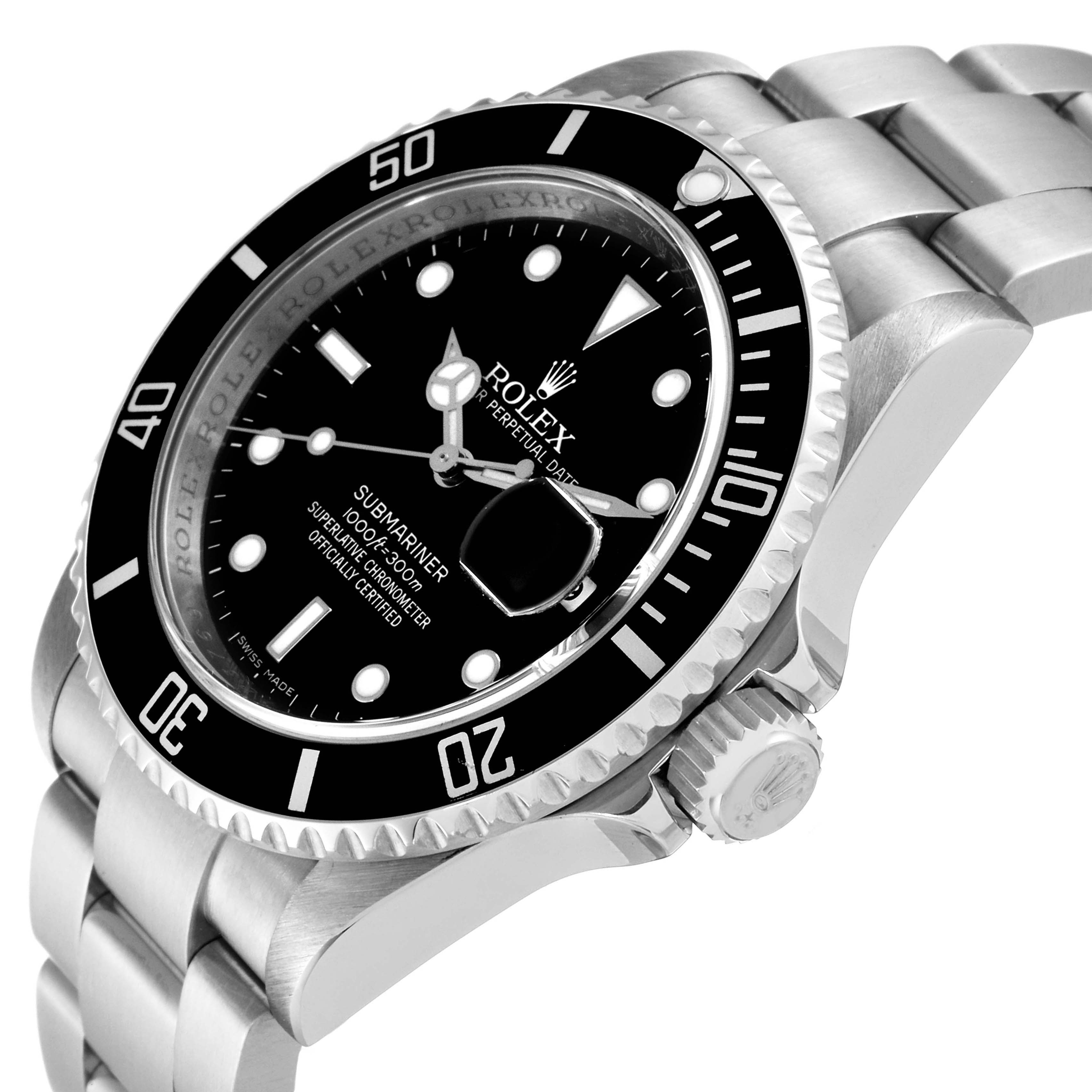 The image shows a side angle view of the Rolex Submariner 16610 Men's Stainless Steel Black Dial 16610 Men's Stainless Steel Black Dial, highlighting the bezel, dial, crown, and part of the bracelet.