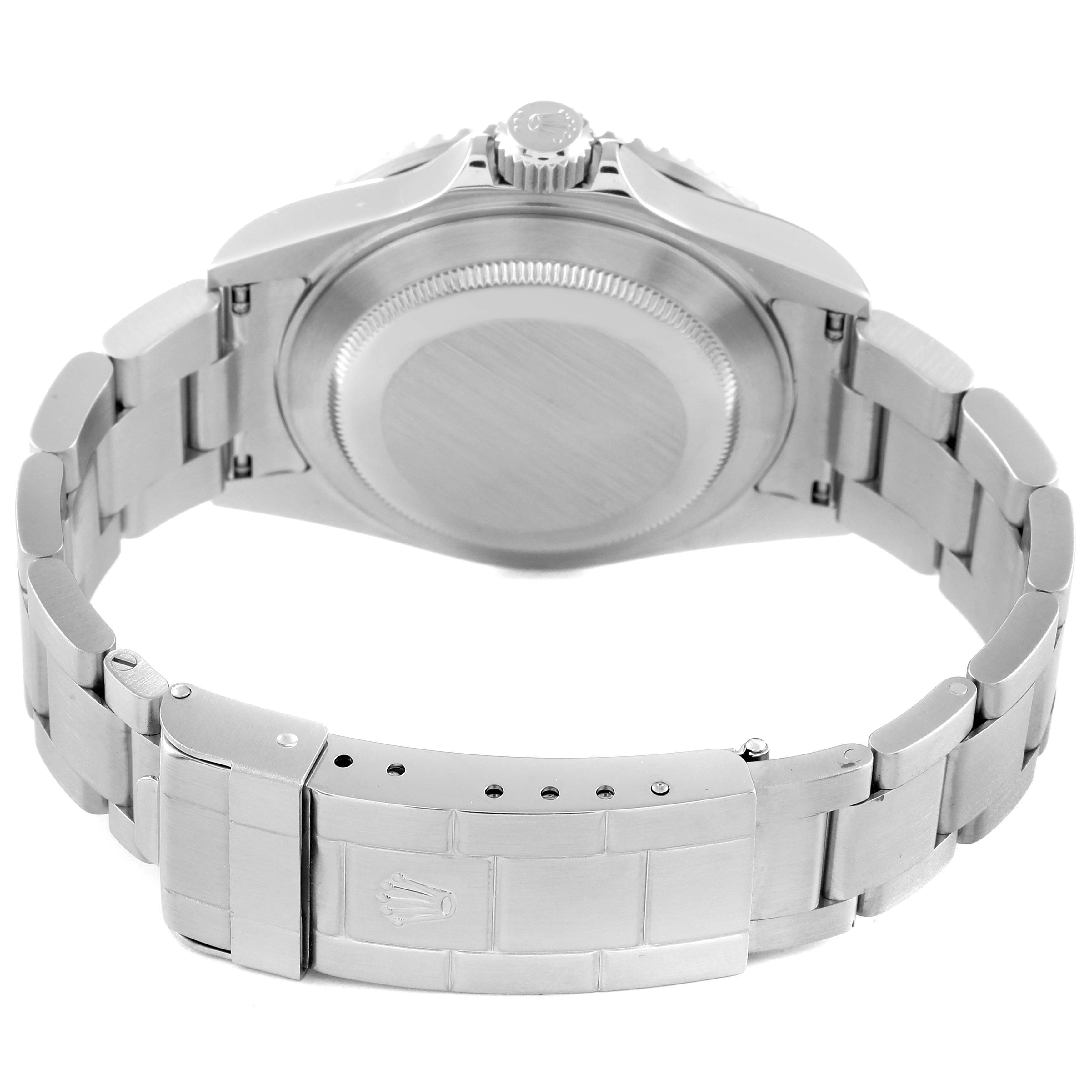 This image shows the back view of a Rolex Submariner 16610 Men's Stainless Steel Black Dial 16610 Men's Stainless Steel Black Dial watch, including its bracelet and clasp.