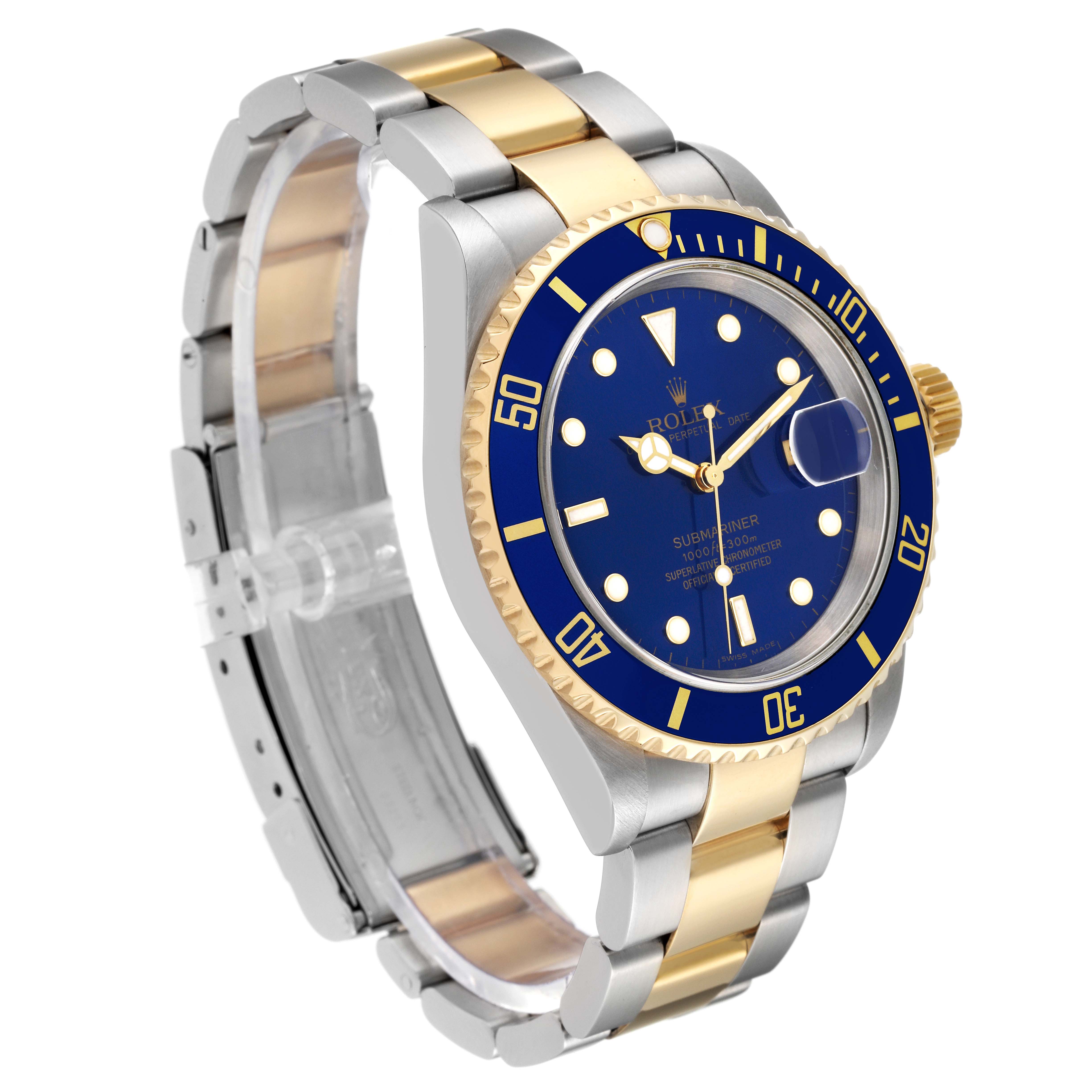 The Rolex Submariner 16613 Men's Steel and Gold (two tone) Blue Dial 16613 Men's Steel and Gold (two tone) Blue Dial watch is shown at a 45-degree angle, highlighting its blue dial, bezel, and two-tone bracelet.