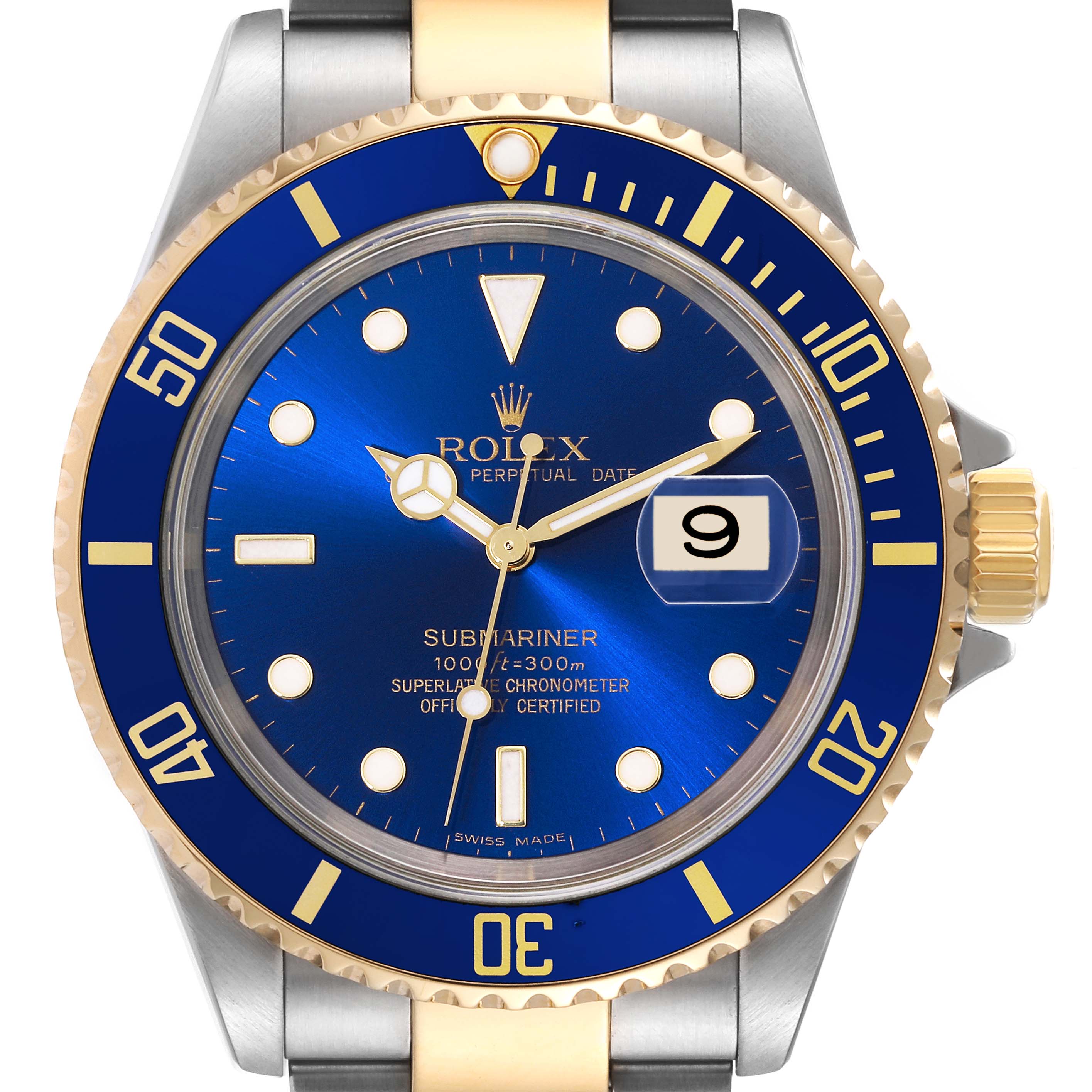 This image shows a front view of a Rolex Submariner 16613 Men's Steel and Gold (two tone) Blue Dial 16613 Men's Steel and Gold (two tone) Blue Dial with a blue dial, date display, and a two-tone metal bracelet.