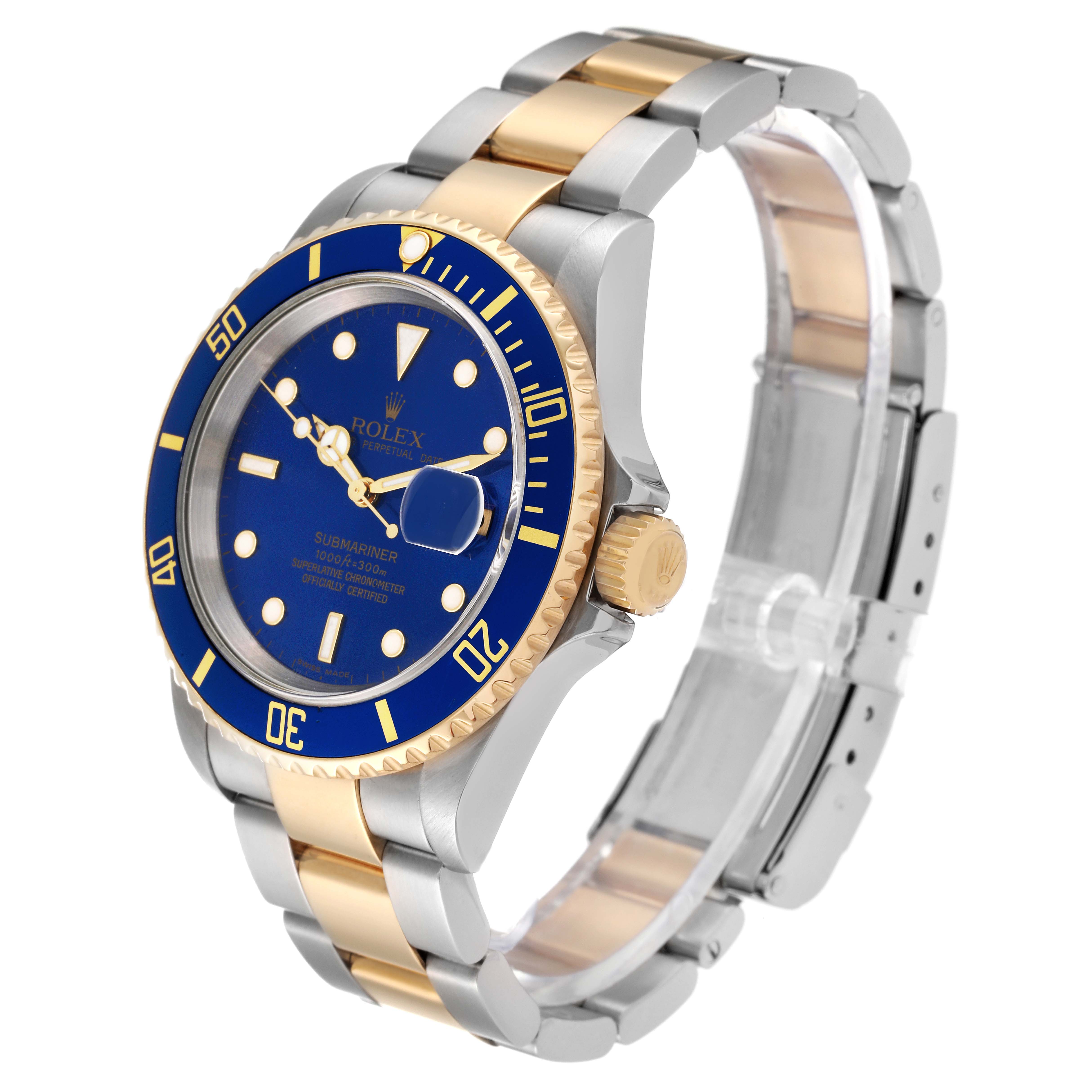 This Rolex Submariner 16613 Men's Steel and Gold (two tone) Blue Dial 16613 Men's Steel and Gold (two tone) Blue Dial watch is shown from an angle highlighting its face, bezel, crown, and bracelet.