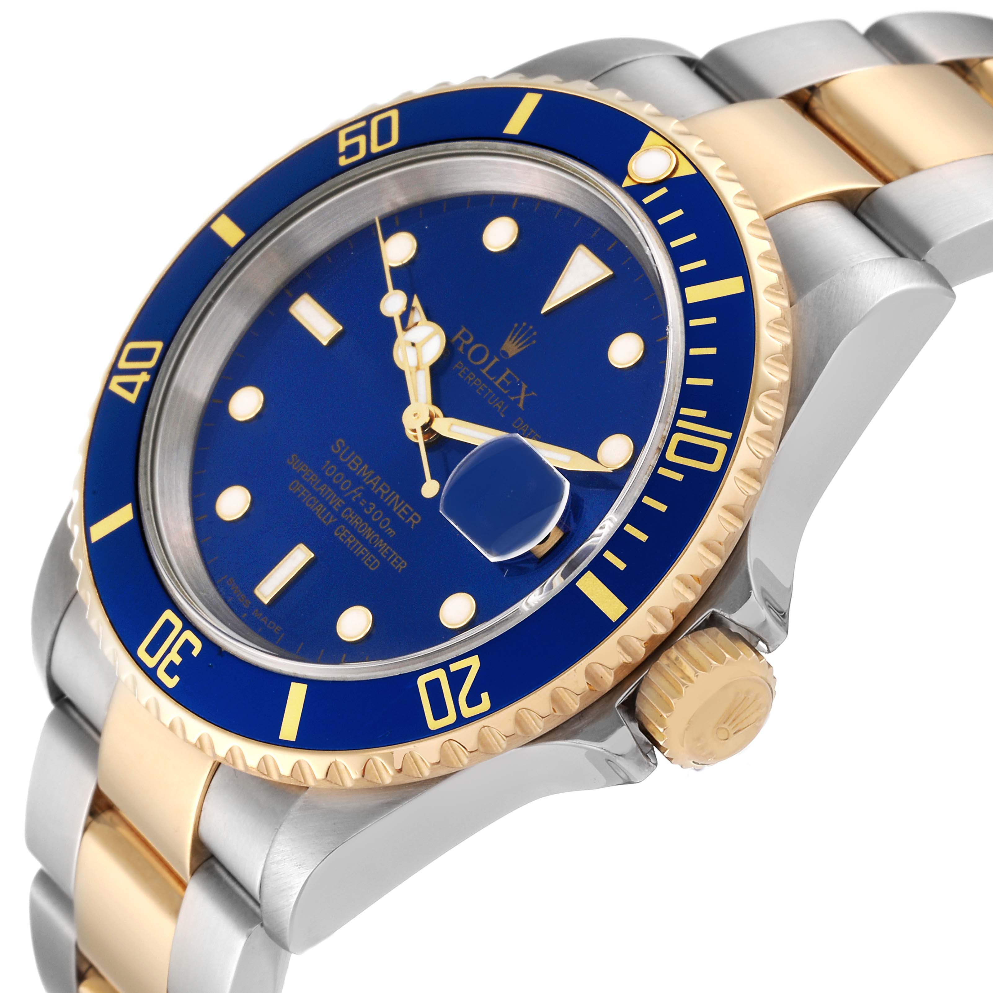 The image shows a close-up angled view of the Rolex Submariner 16613 Men's Steel and Gold (two tone) Blue Dial 16613 Men's Steel and Gold (two tone) Blue Dial, featuring the dial, bezel, crown, and a portion of the bracelet.