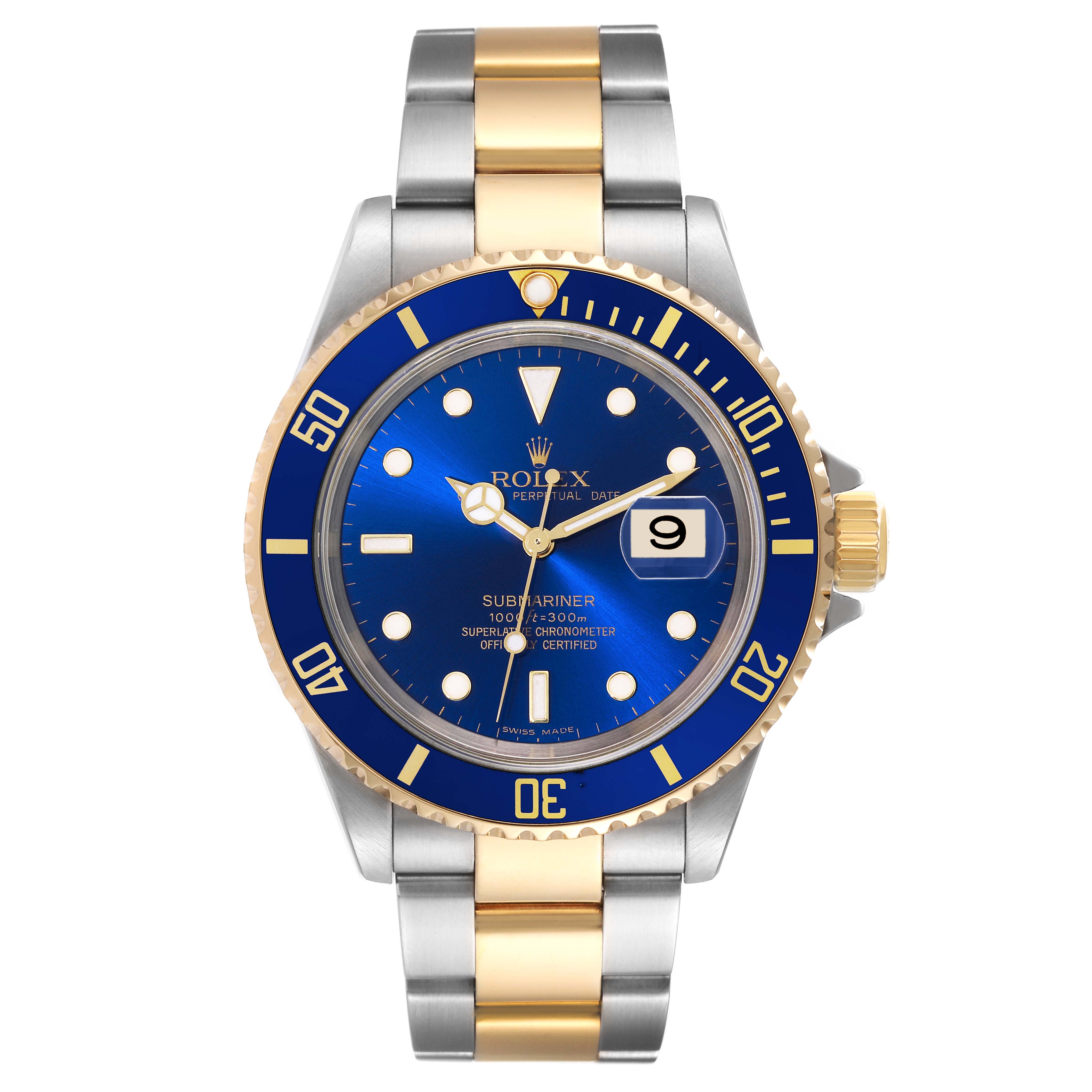 The image shows a frontal view of a Rolex Submariner 16613 Men's Steel and Gold (two tone) Blue Dial 16613 Men's Steel and Gold (two tone) Blue Dial watch displaying its blue dial, bezel, and two-tone metal bracelet.