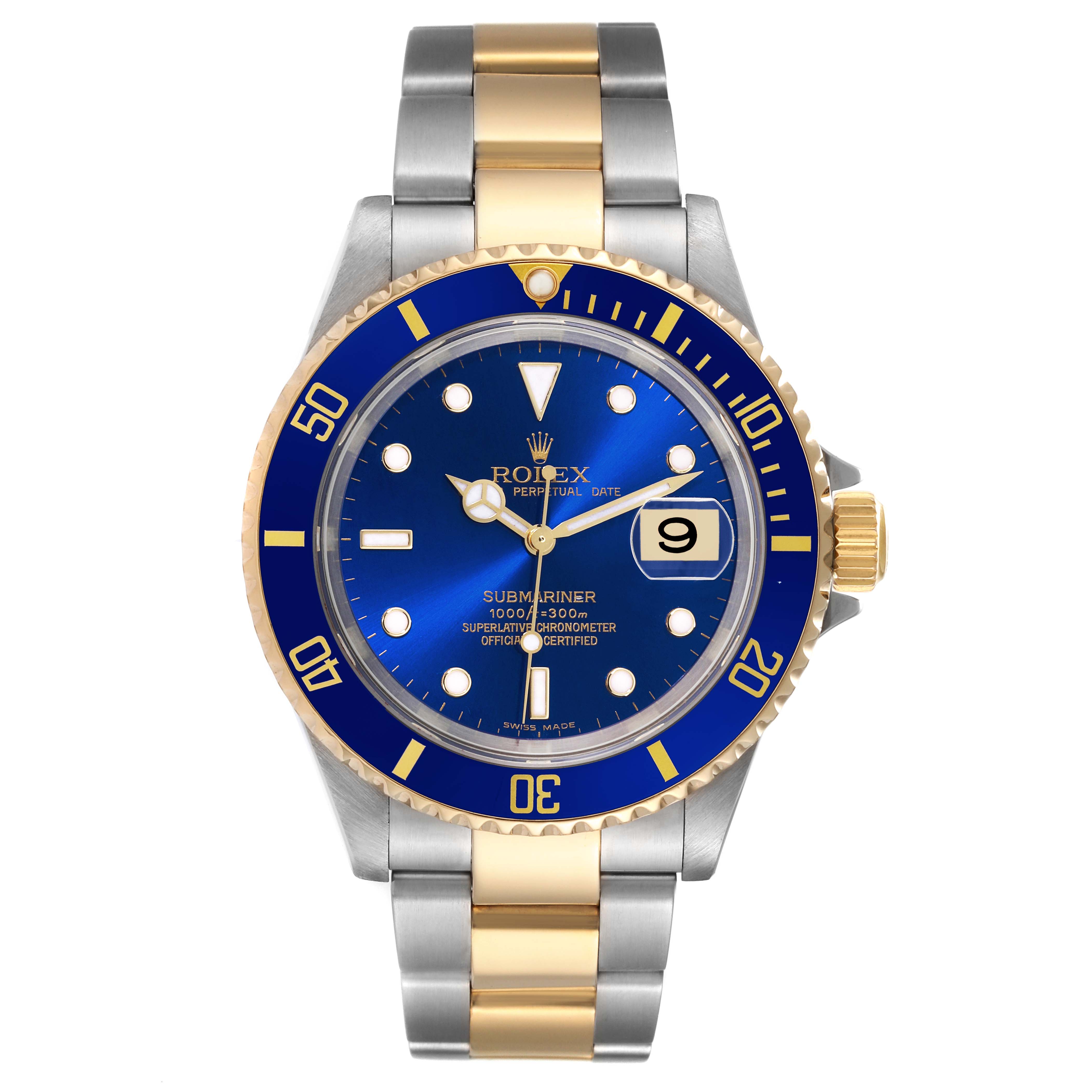The image shows a front view of a Rolex Submariner 16613 Men's Steel and Gold (two tone) Blue Dial 16613 Men's Steel and Gold (two tone) Blue Dial watch with a blue dial and a two-tone silver and gold bracelet.