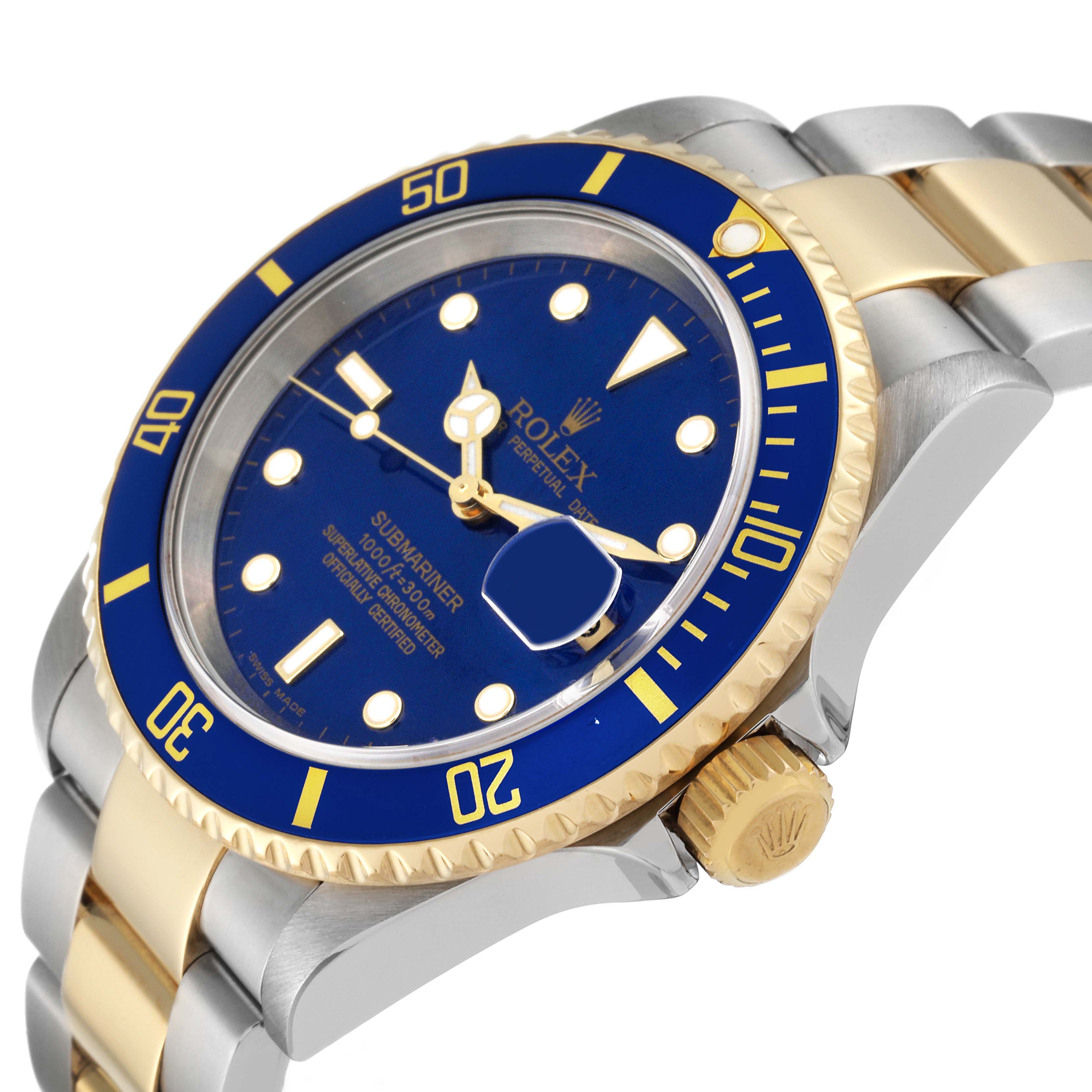 The image shows a close-up angled view of a Rolex Submariner 16613 Men's Steel and Gold (two tone) Blue Dial 16613 Men's Steel and Gold (two tone) Blue Dial watch, highlighting its blue and gold bezel, crown, and part of the bracelet.