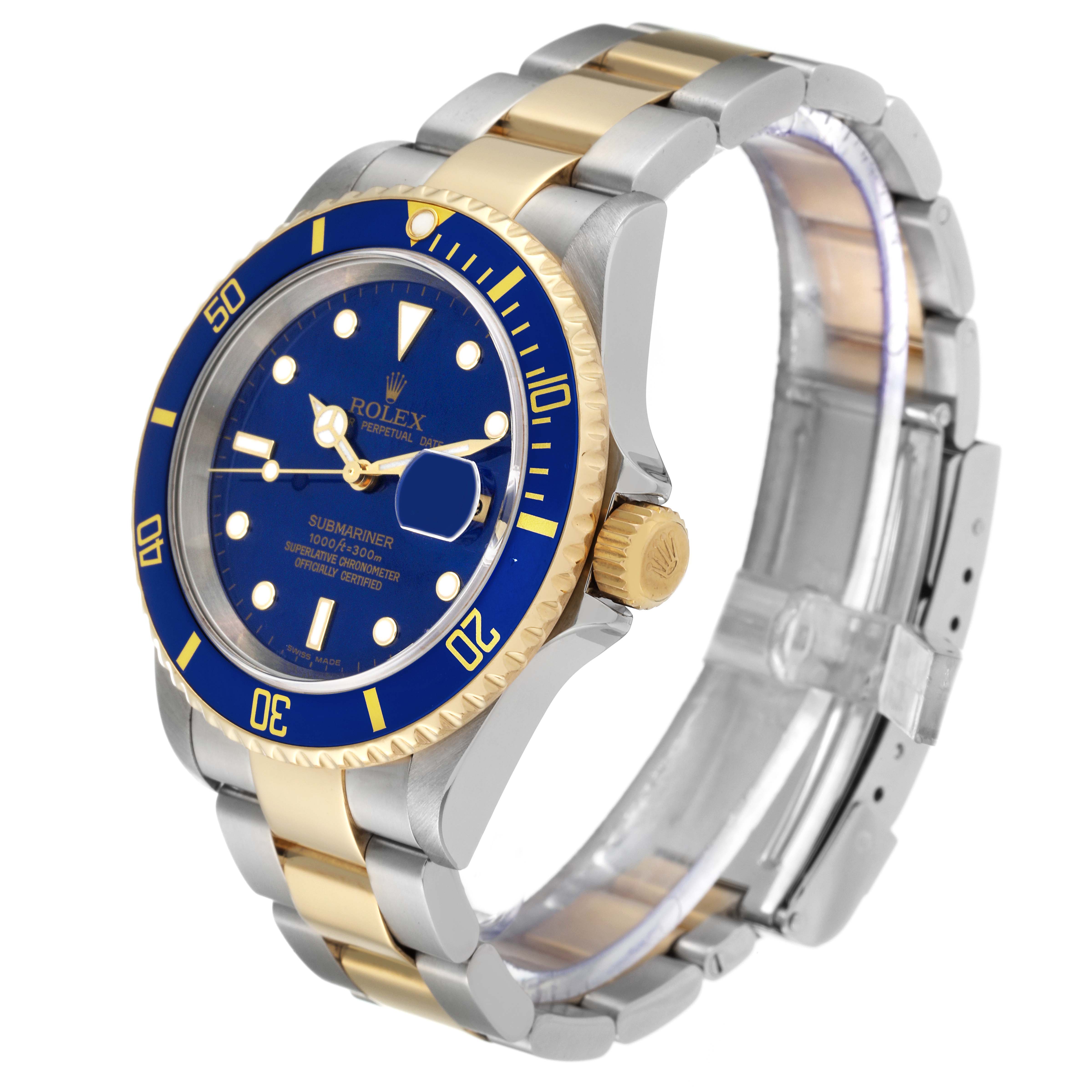 The Rolex Submariner 16613 Men's Steel and Gold (two tone) Blue Dial 16613 Men's Steel and Gold (two tone) Blue Dial is shown at an angled view displaying its dial, bezel, crown, and two-tone bracelet.