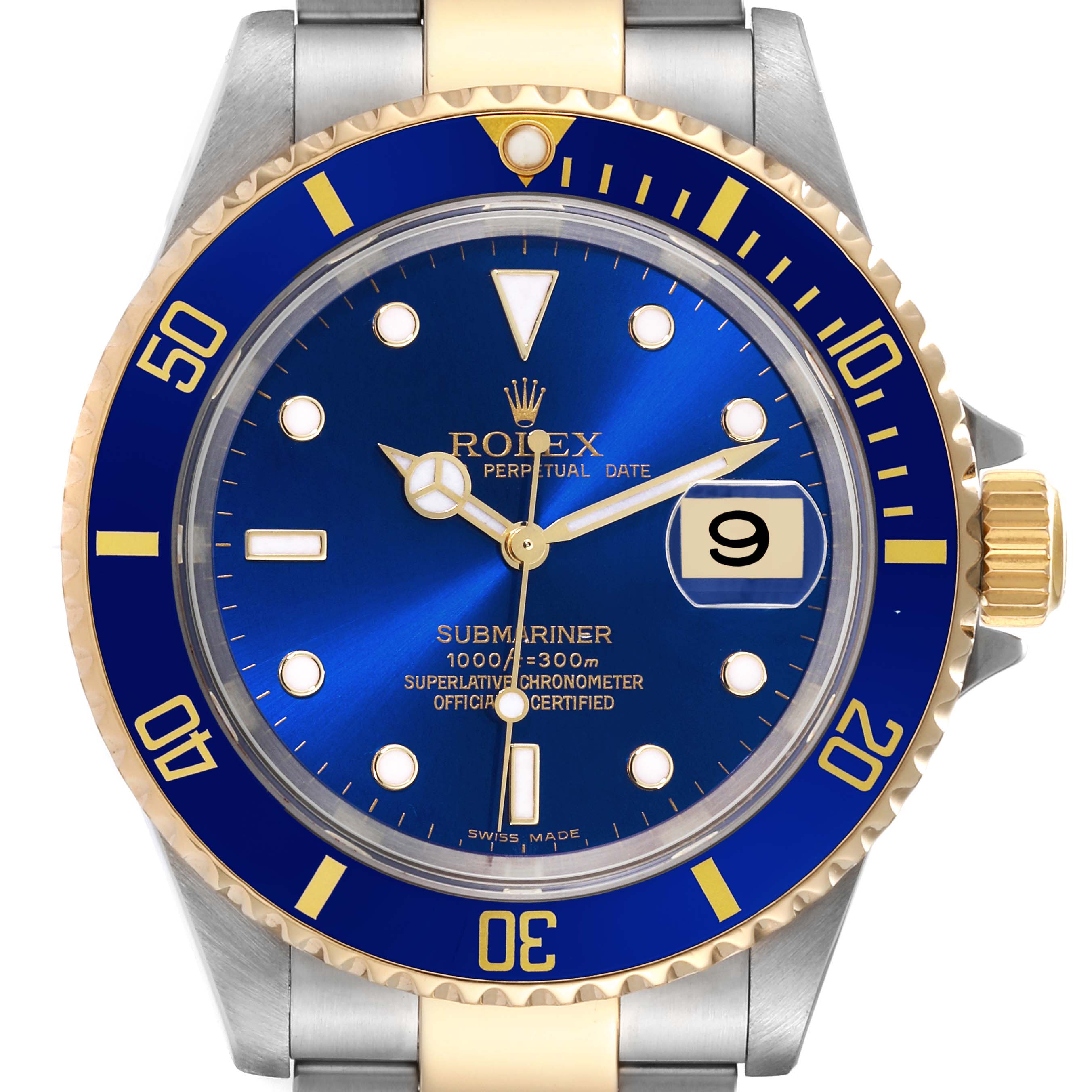 The image shows a front view of a Rolex Submariner 16613 Men's Steel and Gold (two tone) Blue Dial 16613 Men's Steel and Gold (two tone) Blue Dial watch, highlighting the blue and gold dial, bezel, and part of the bracelet.