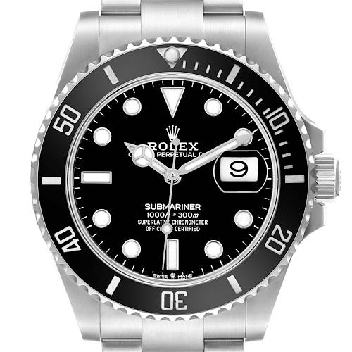 The Rolex Submariner 126610LN Men's Stainless Steel Black Dial watch is shown from a front angle, highlighting its dial, bezel, and bracelet.