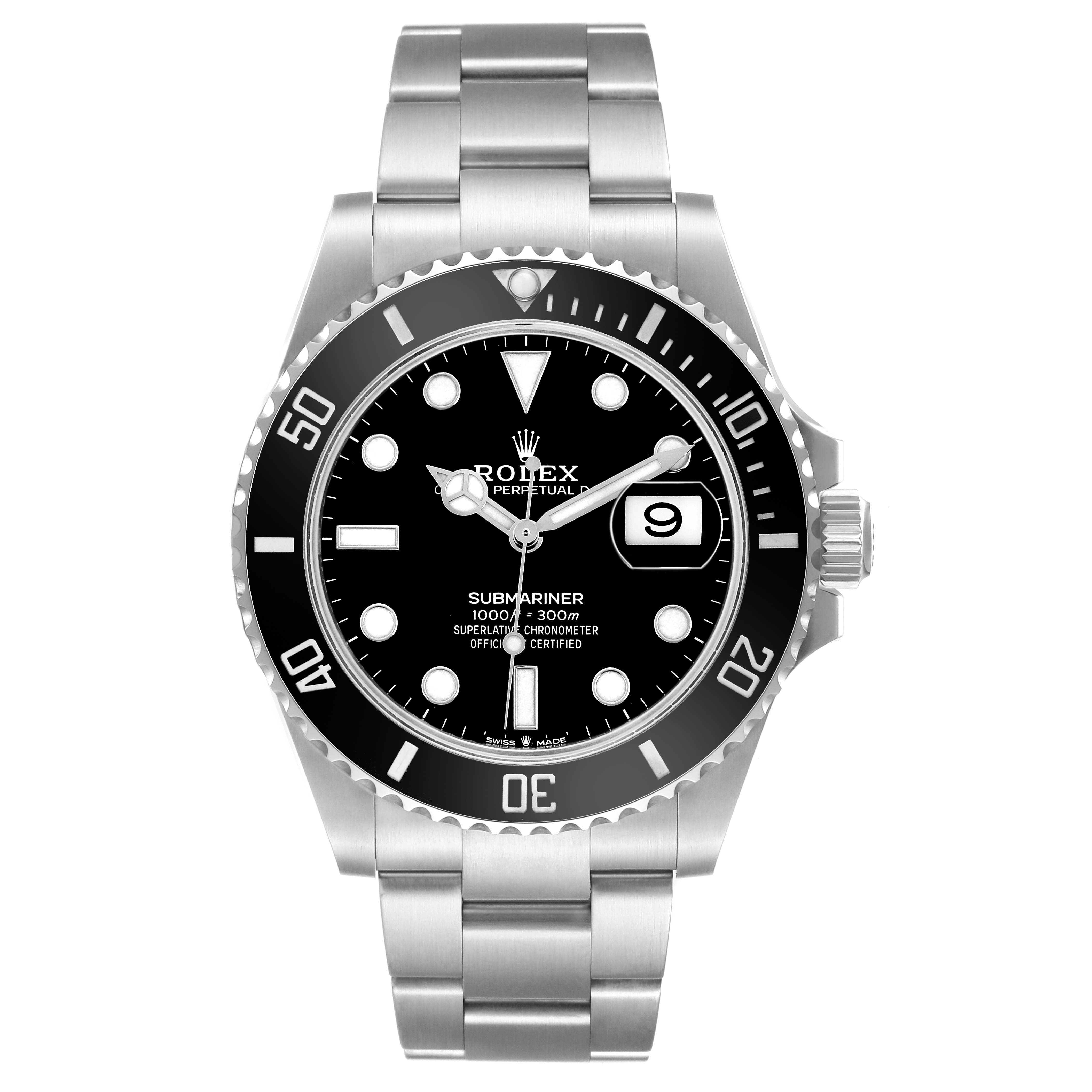 The image shows a frontal view of a Rolex Submariner 126610LN Men's Stainless Steel Black Dial, highlighting the dial, bezel, and bracelet.