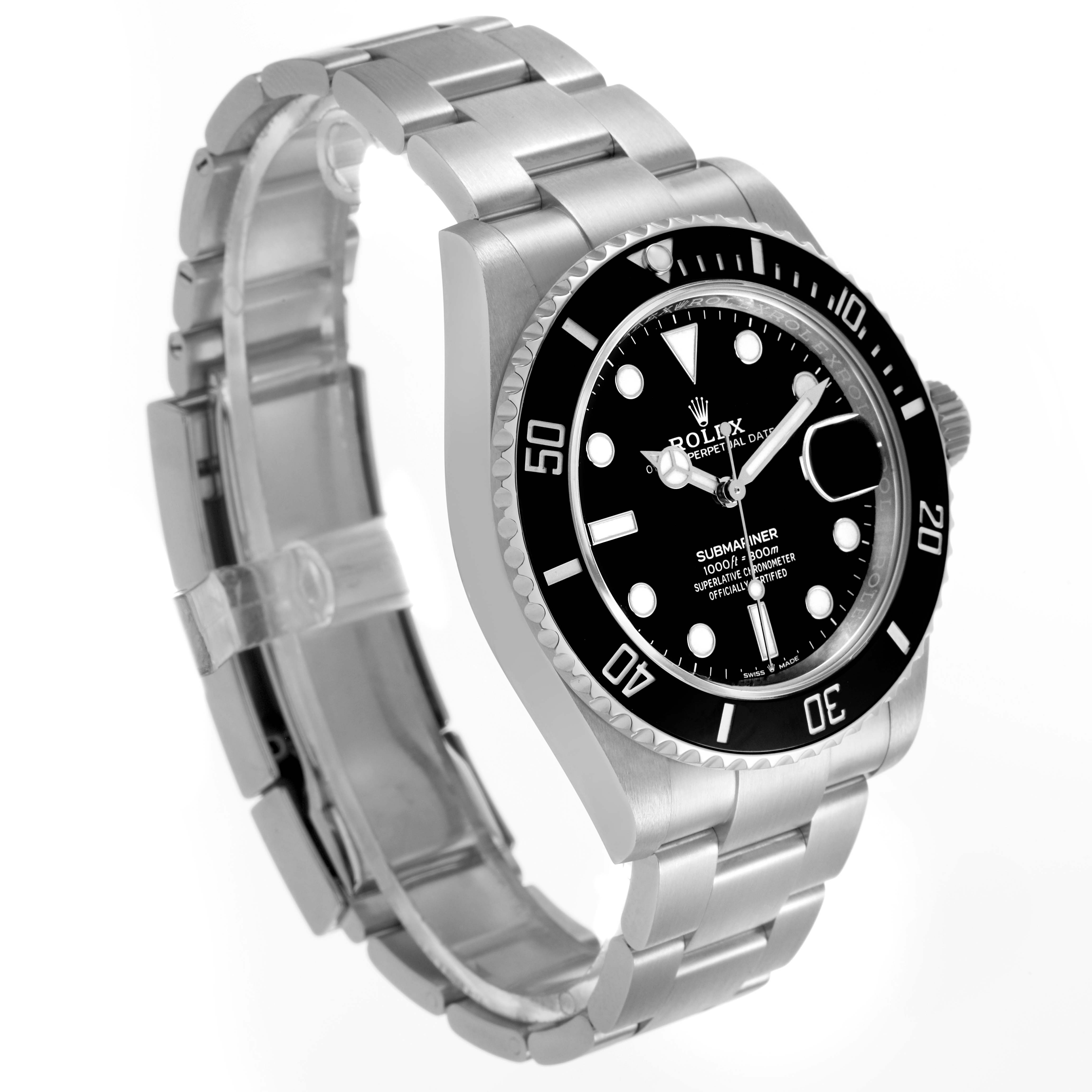 The Rolex Submariner 126610LN Men's Stainless Steel Black Dial watch is shown at a three-quarter angle, highlighting the face, bezel, and bracelet.