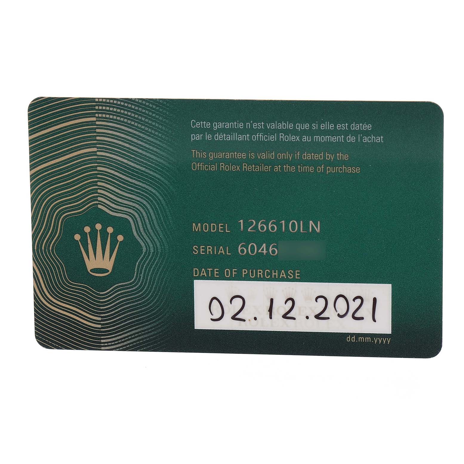 This image shows a warranty card for the Rolex Submariner 126610LN Men's Stainless Steel Black Dial model 126610LN.