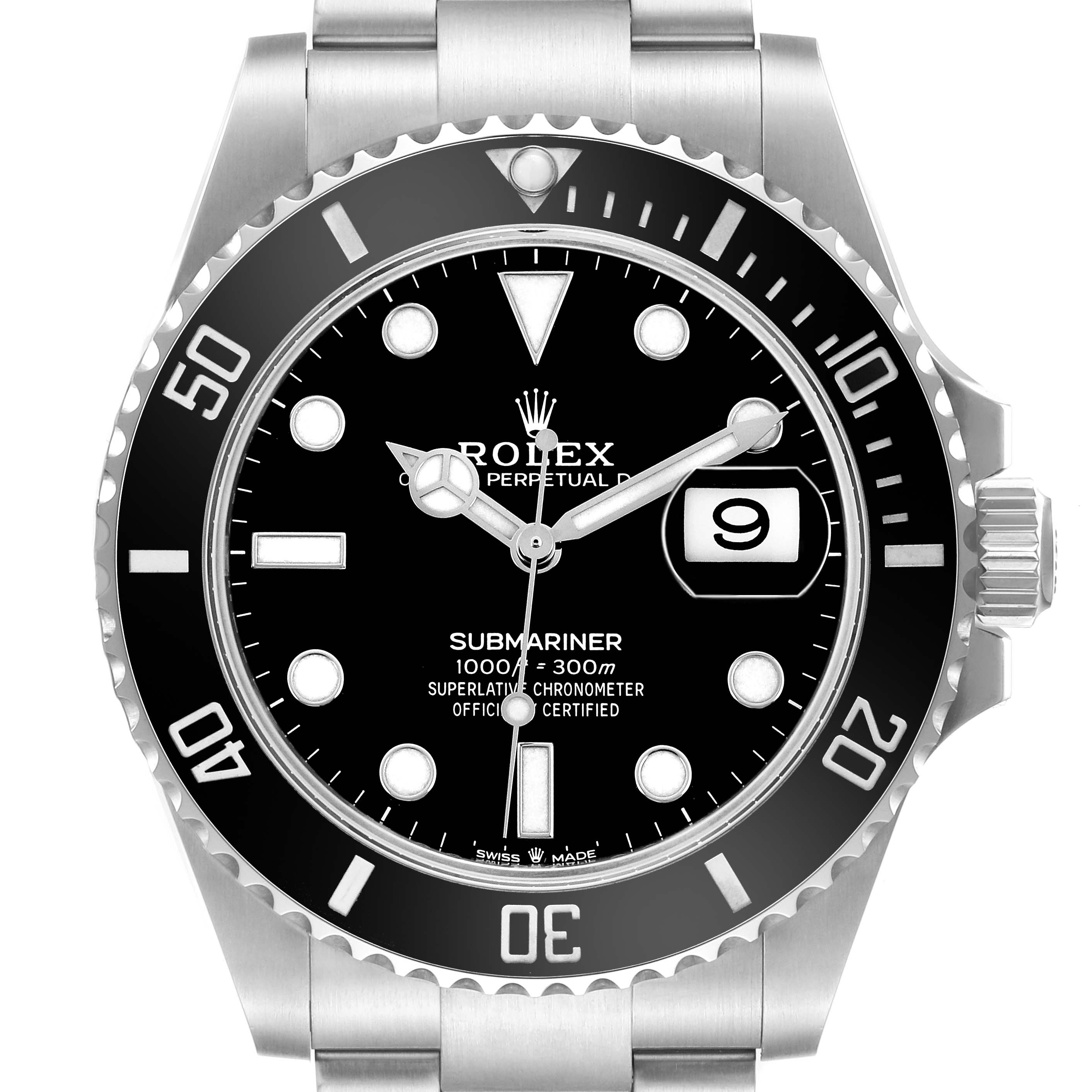 The image shows a front view of the Rolex Submariner 126610LN Men's Stainless Steel Black Dial, displaying the dial, bezel, and bracelet.