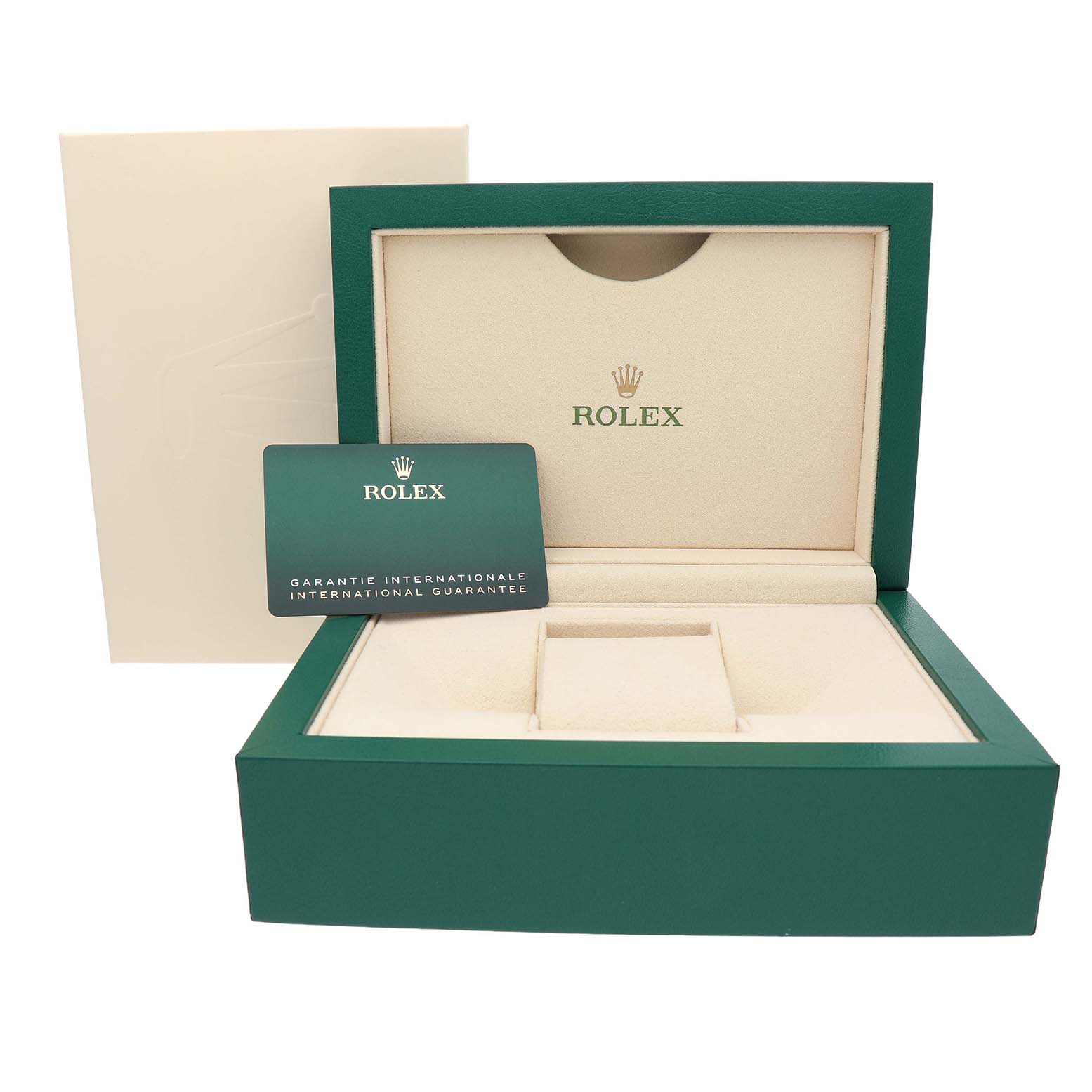 The image shows a Rolex Submariner 126610LN Men's Stainless Steel Black Dial watch box, cardholder, and guarantee card from a front angle.