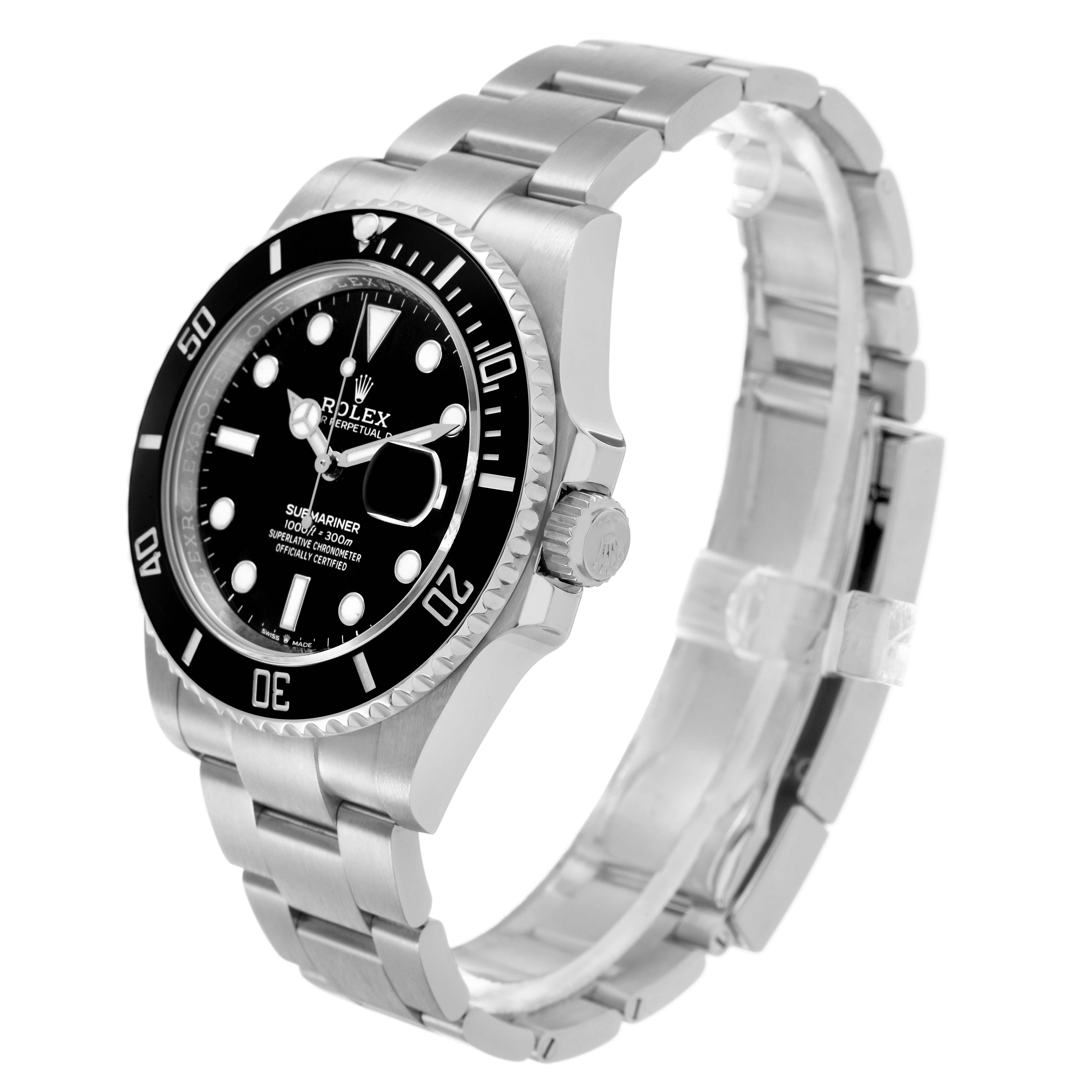 The Rolex Submariner 126610LN Men's Stainless Steel Black Dial is shown at a slight angle, highlighting the bezel, crown, and bracelet.