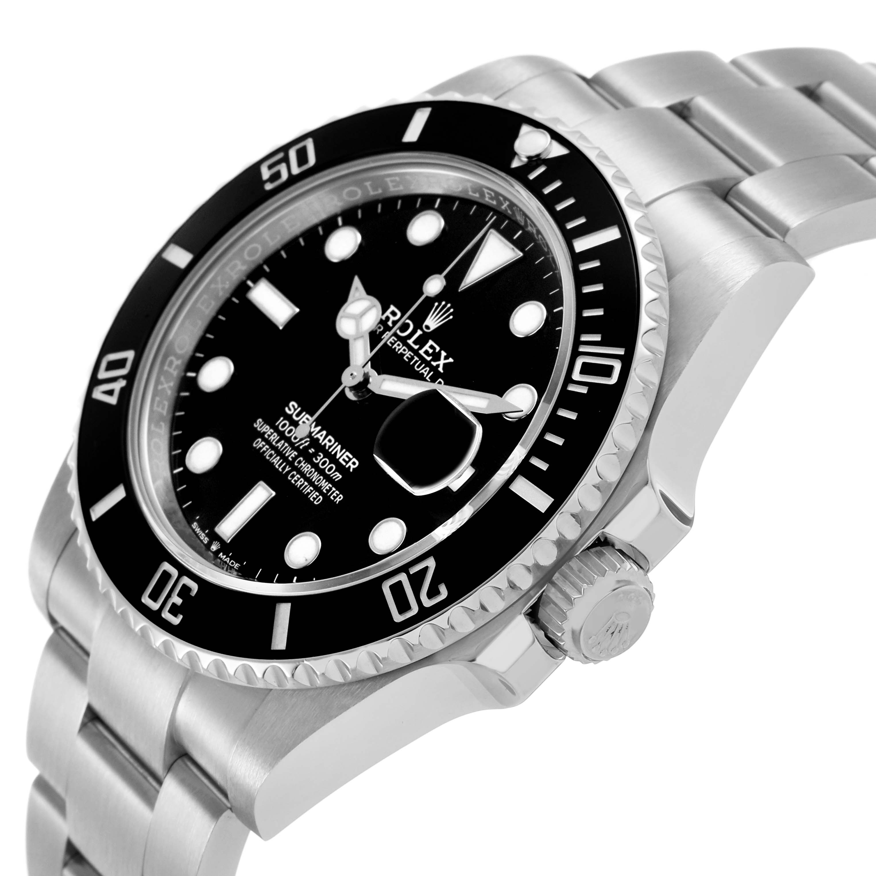 The Rolex Submariner 126610LN Men's Stainless Steel Black Dial is shown at an angle highlighting the black dial, bezel, crown, and stainless steel bracelet.