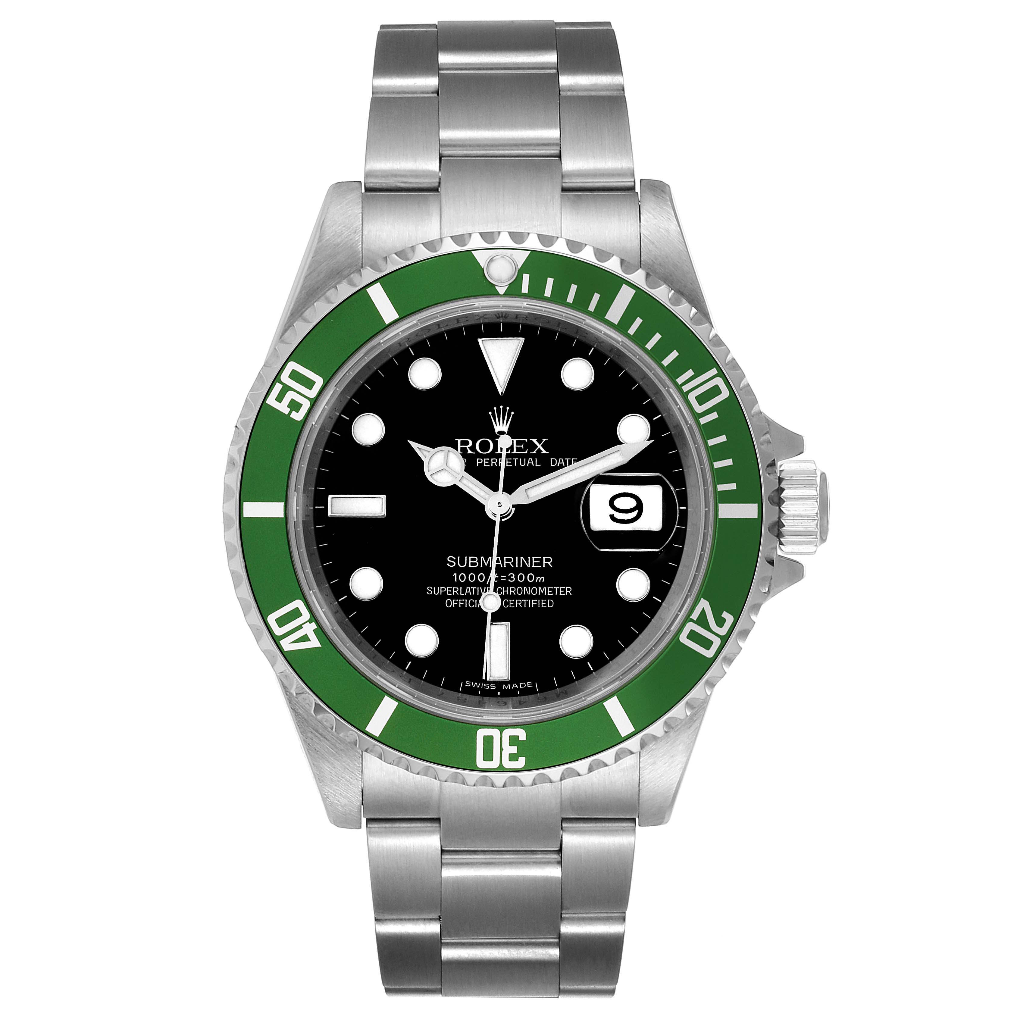 This image shows a front view of a Rolex Submariner 16610LV Men's Stainless Steel Black Dial 16610LV Men's Stainless Steel Black Dial watch, highlighting its green bezel, black dial, and stainless steel bracelet.