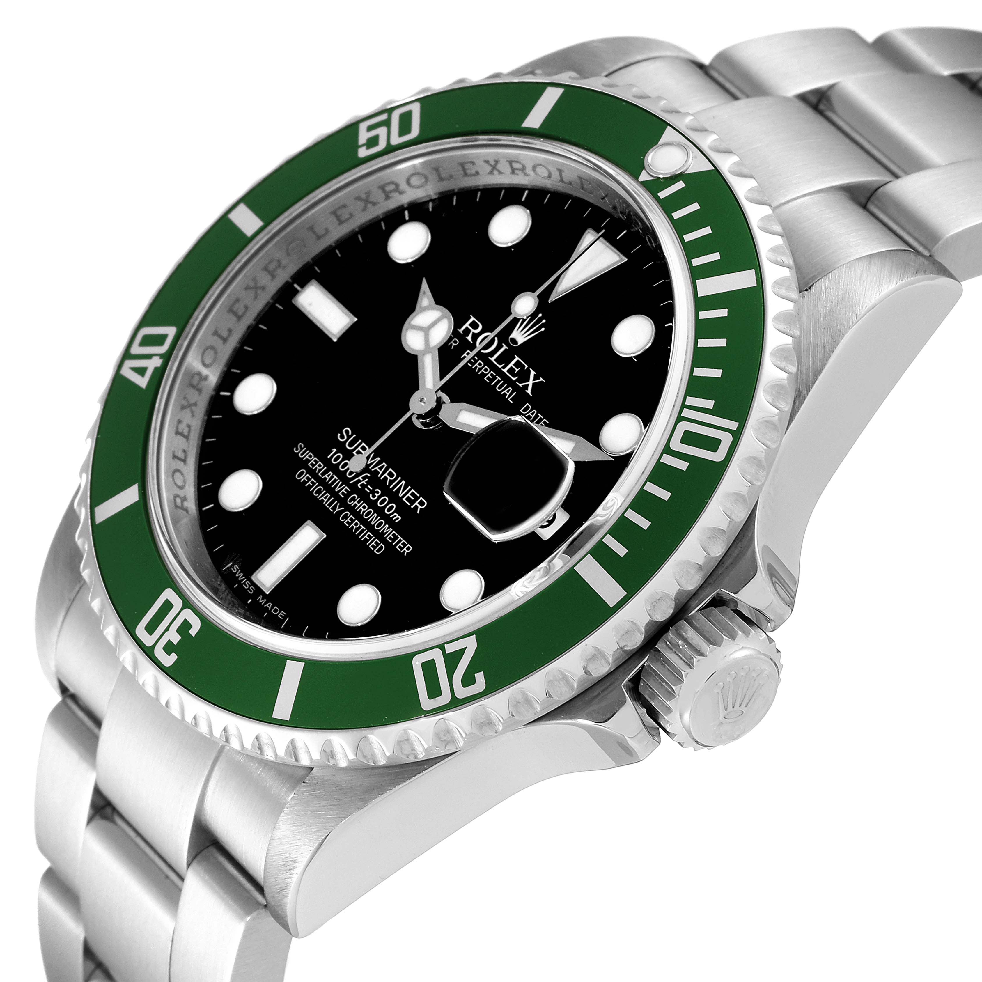 This image shows a Rolex Submariner 16610LV Men's Stainless Steel Black Dial 16610LV Men's Stainless Steel Black Dial watch at a slight angle, highlighting its green bezel, black dial, and stainless steel bracelet.