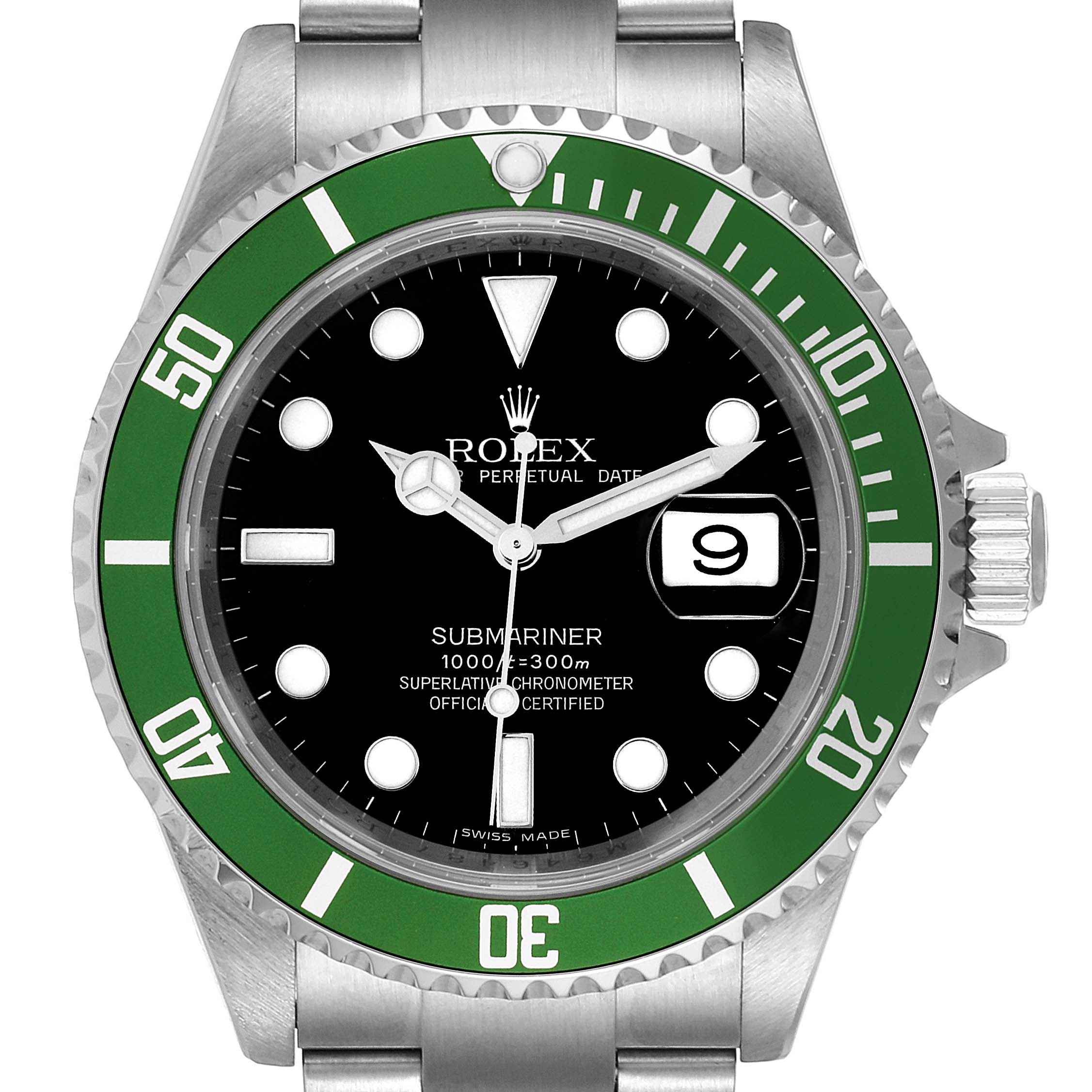 The image shows a front view of the Rolex Submariner 16610LV Men's Stainless Steel Black Dial 16610LV Men's Stainless Steel Black Dial watch, highlighting its green bezel, black dial, and date window.
