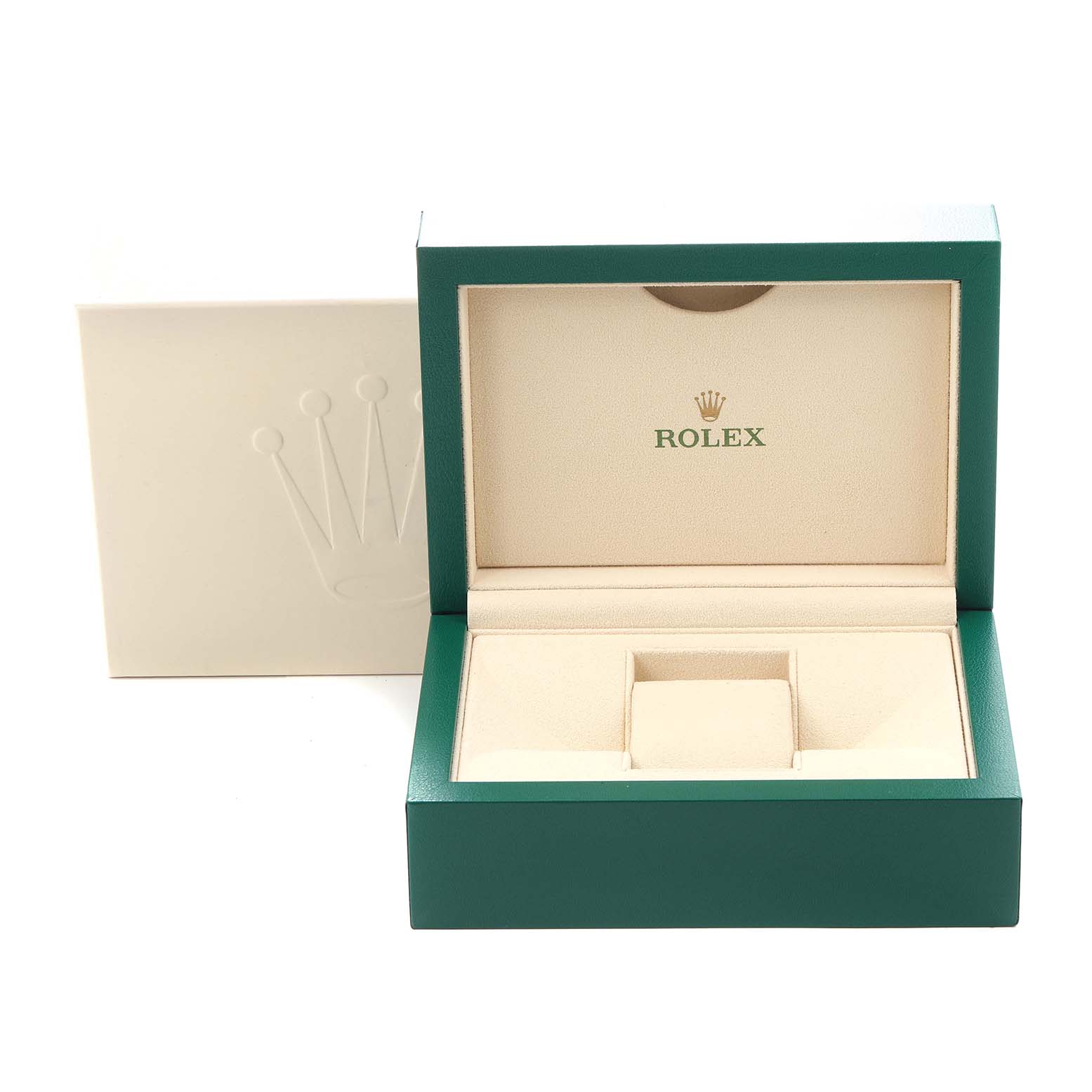 The image shows an empty Rolex watch box for the Submariner model, model number 116610LV, with a green exterior and beige interior.