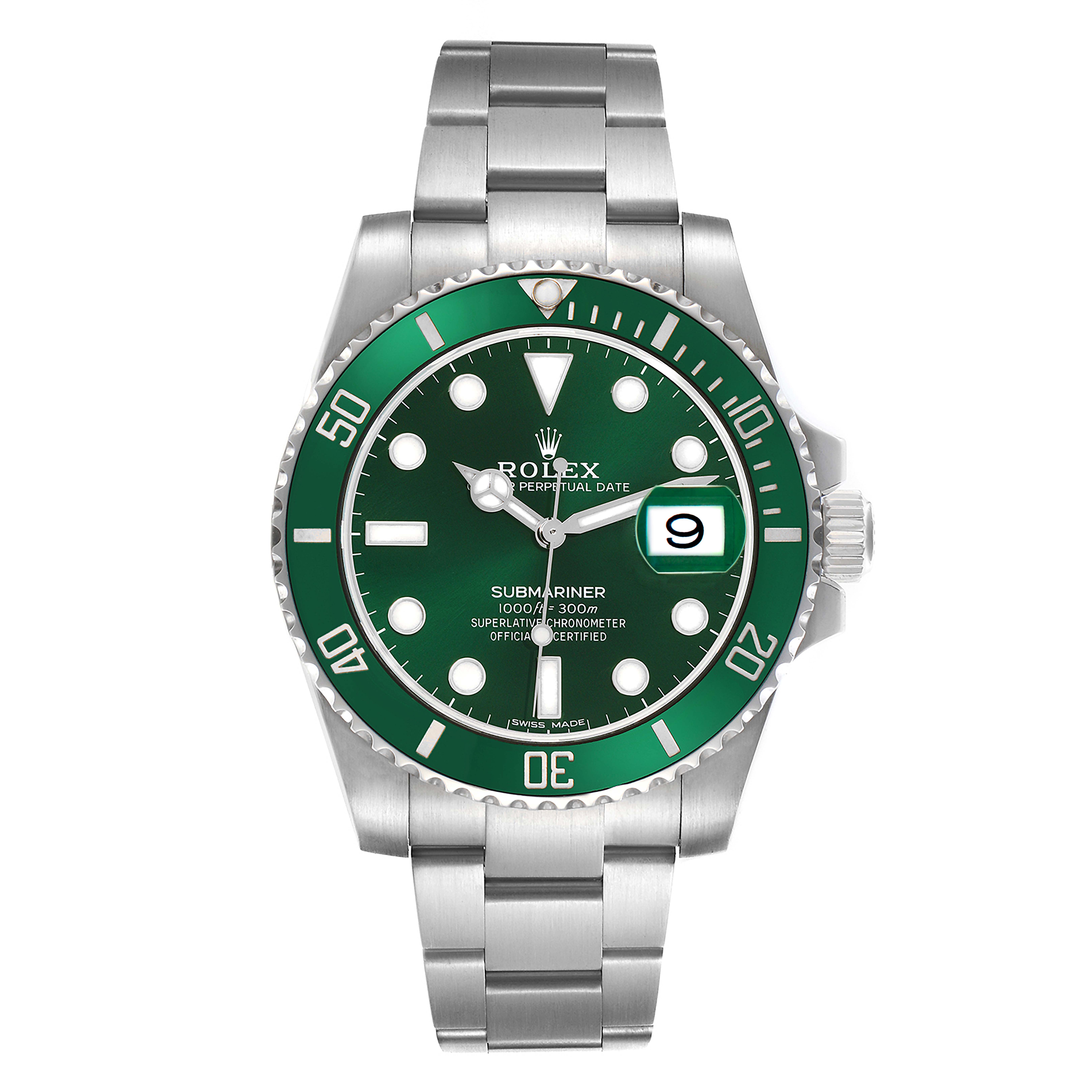 The Rolex Submariner model 116610LV is shown from a top-down angle, highlighting its green dial, bezel, and stainless steel bracelet.