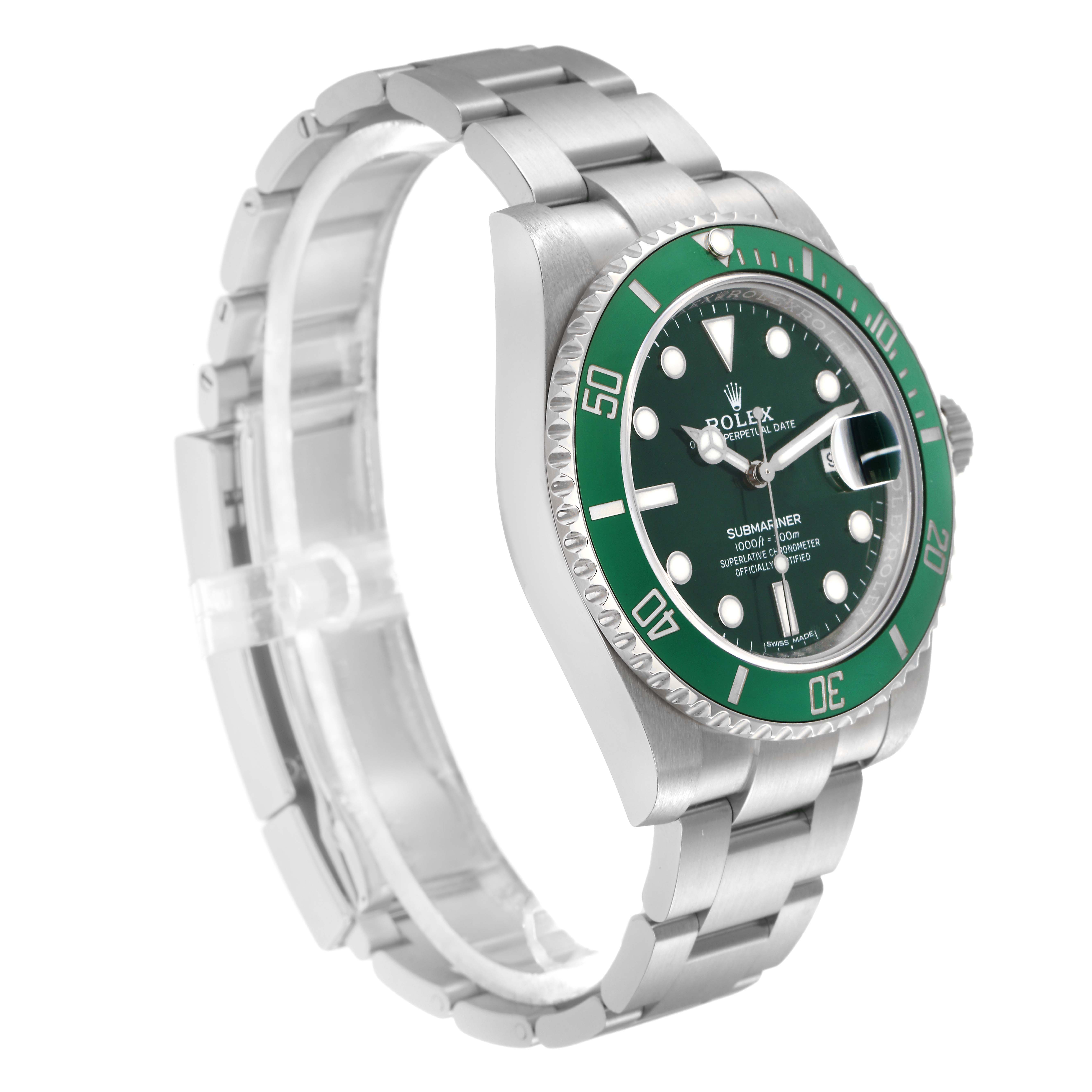 The image shows a Rolex Submariner model 116610LV from an angled side perspective, highlighting the green bezel, dial, and stainless steel bracelet.