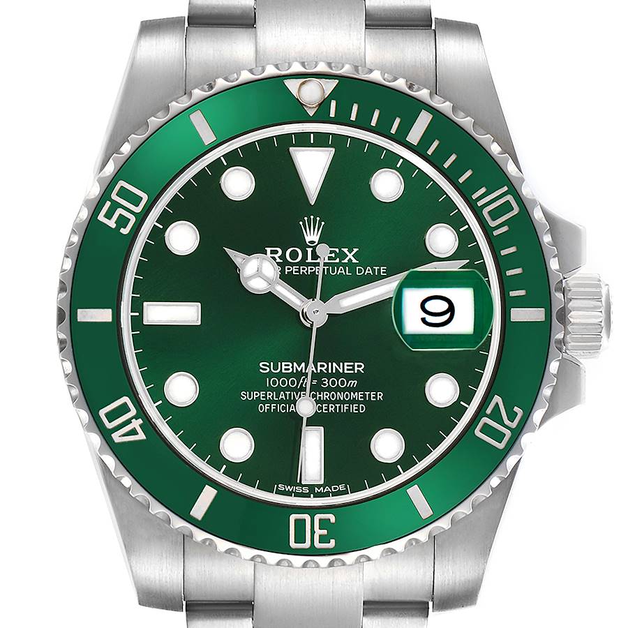 The image shows a front view of the Rolex Submariner model 116610LV, highlighting the green dial, bezel, and the date magnifier.