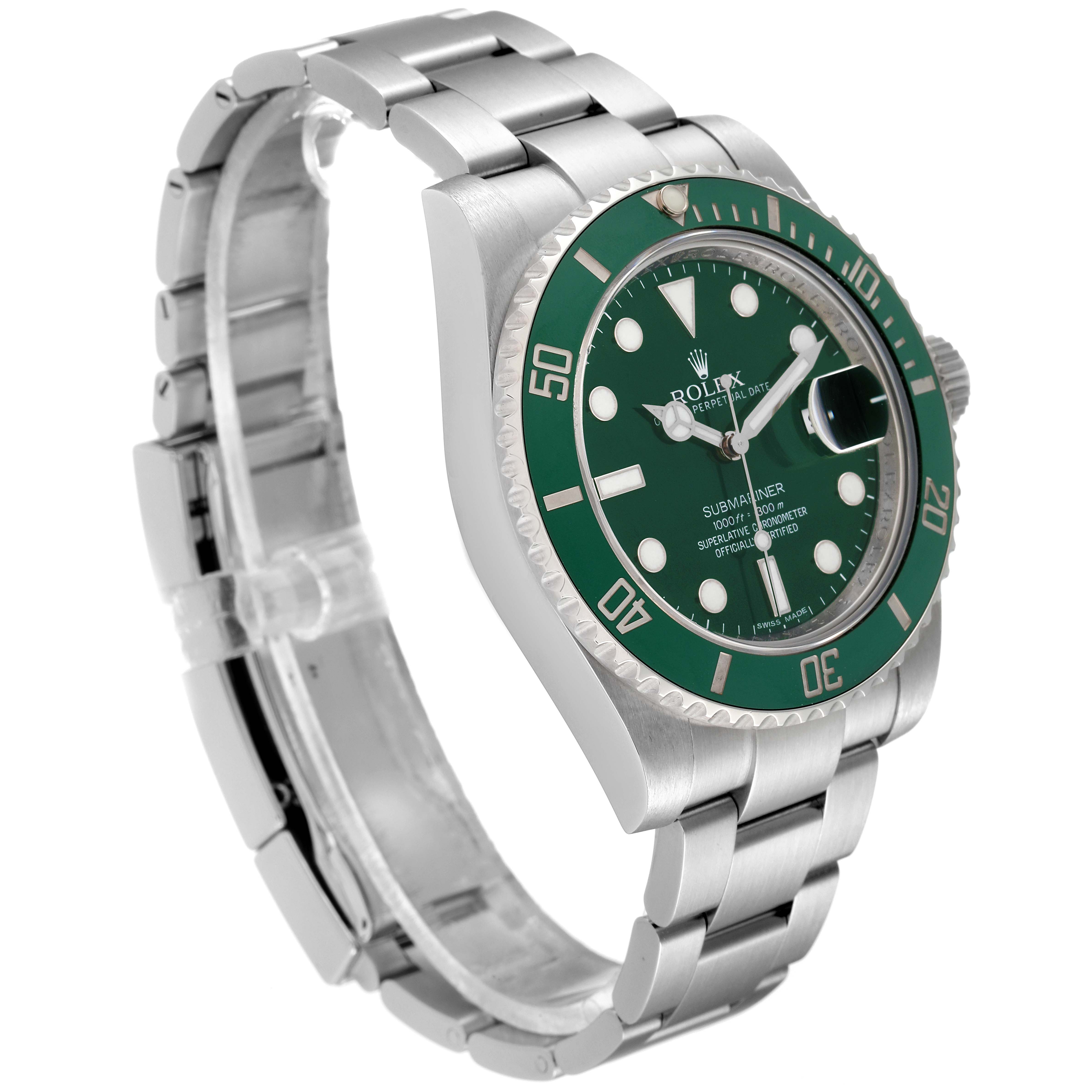 This image shows a side angle of a Rolex Submariner 116610LV Men
s Stainless Steel Green Dial 116610LV Men
s Stainless Steel Green Dial watch, highlighting its green bezel, dial, and stainless steel bracelet.