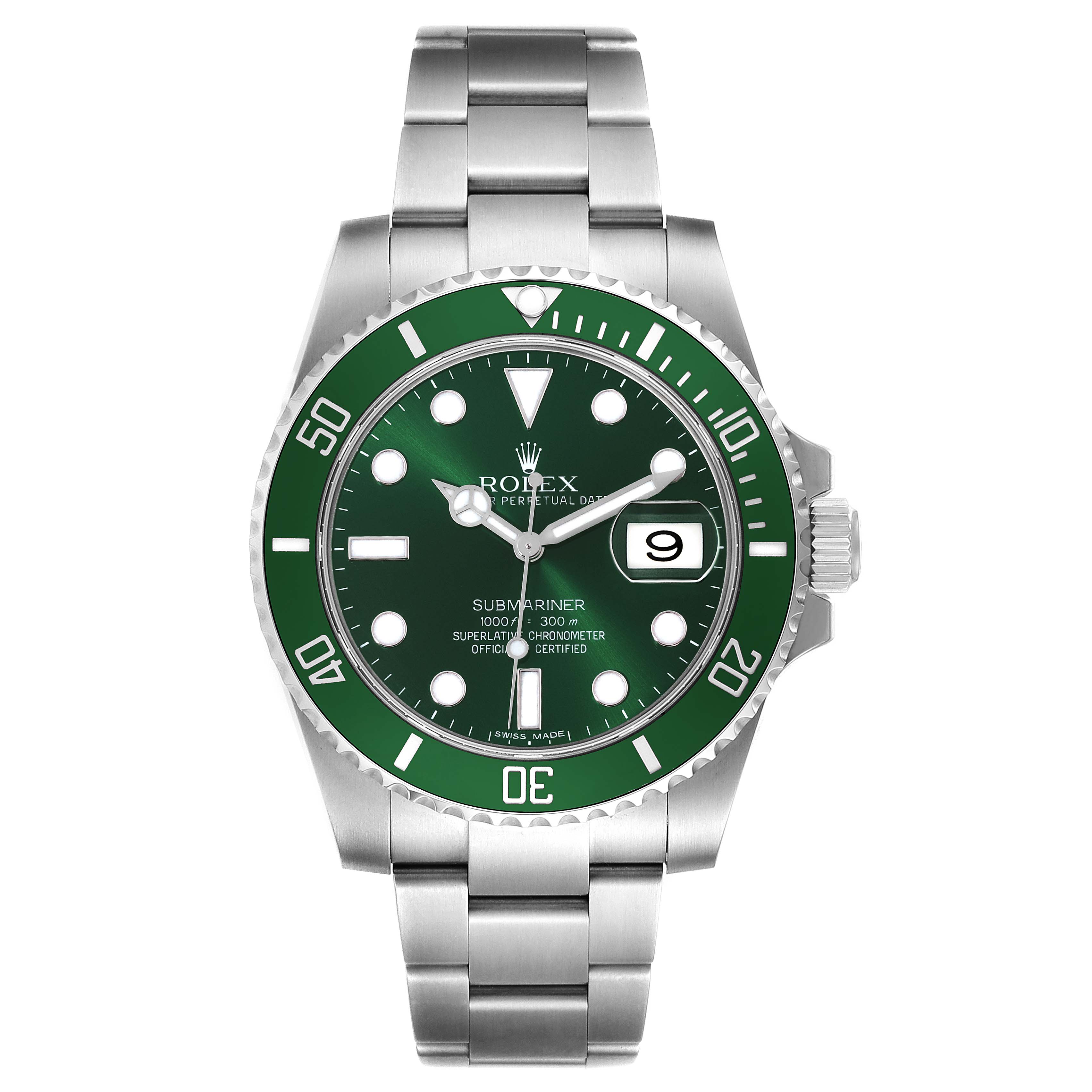 The image shows a front-facing view of a Rolex Submariner 116610LV Men
s Stainless Steel Green Dial 116610LV Men
s Stainless Steel Green Dial watch with a green dial and bezel.