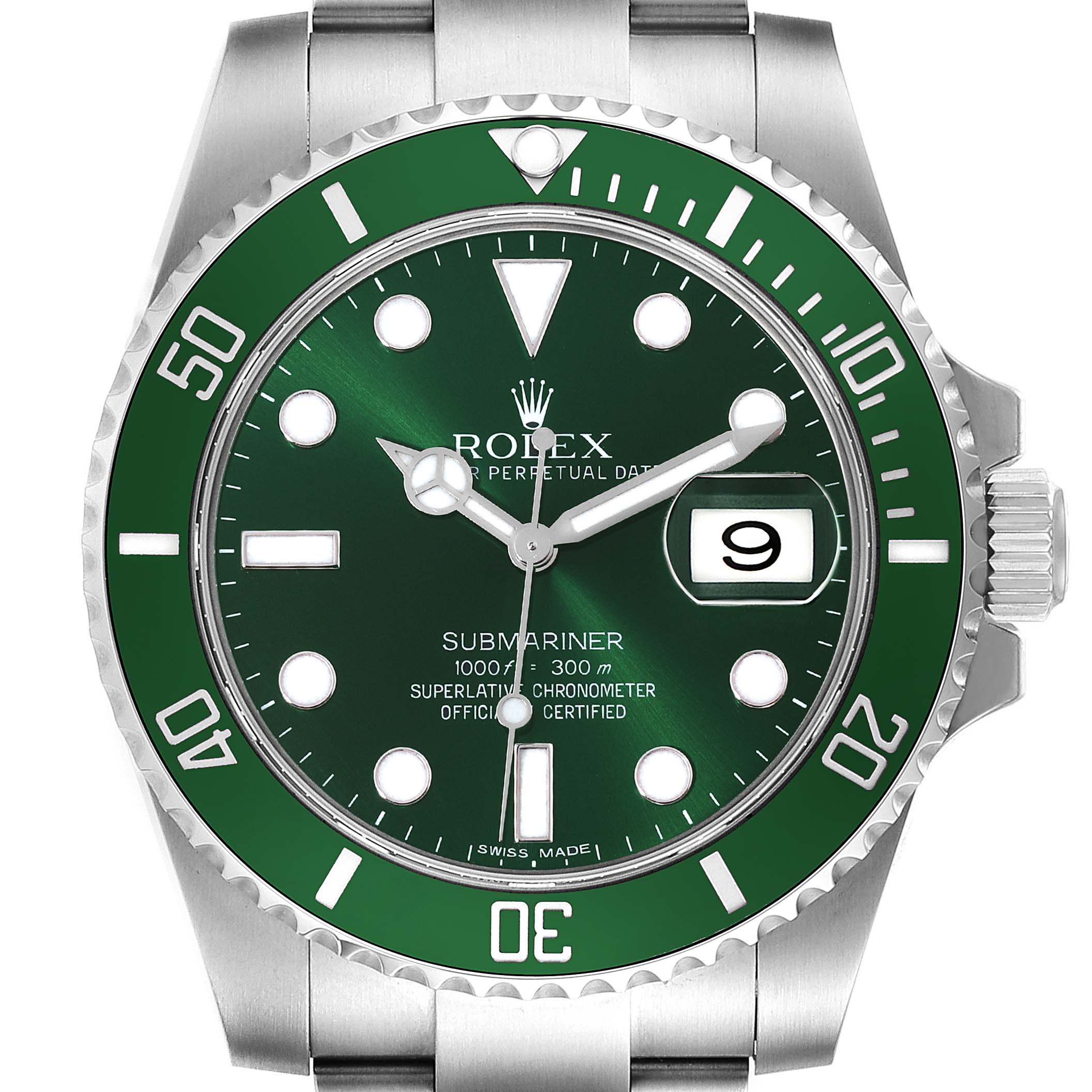 This image shows a front view of a Rolex Submariner 116610LV Men
s Stainless Steel Green Dial 116610LV Men
s Stainless Steel Green Dial watch, highlighting the bezel, dial, hands, and date window.