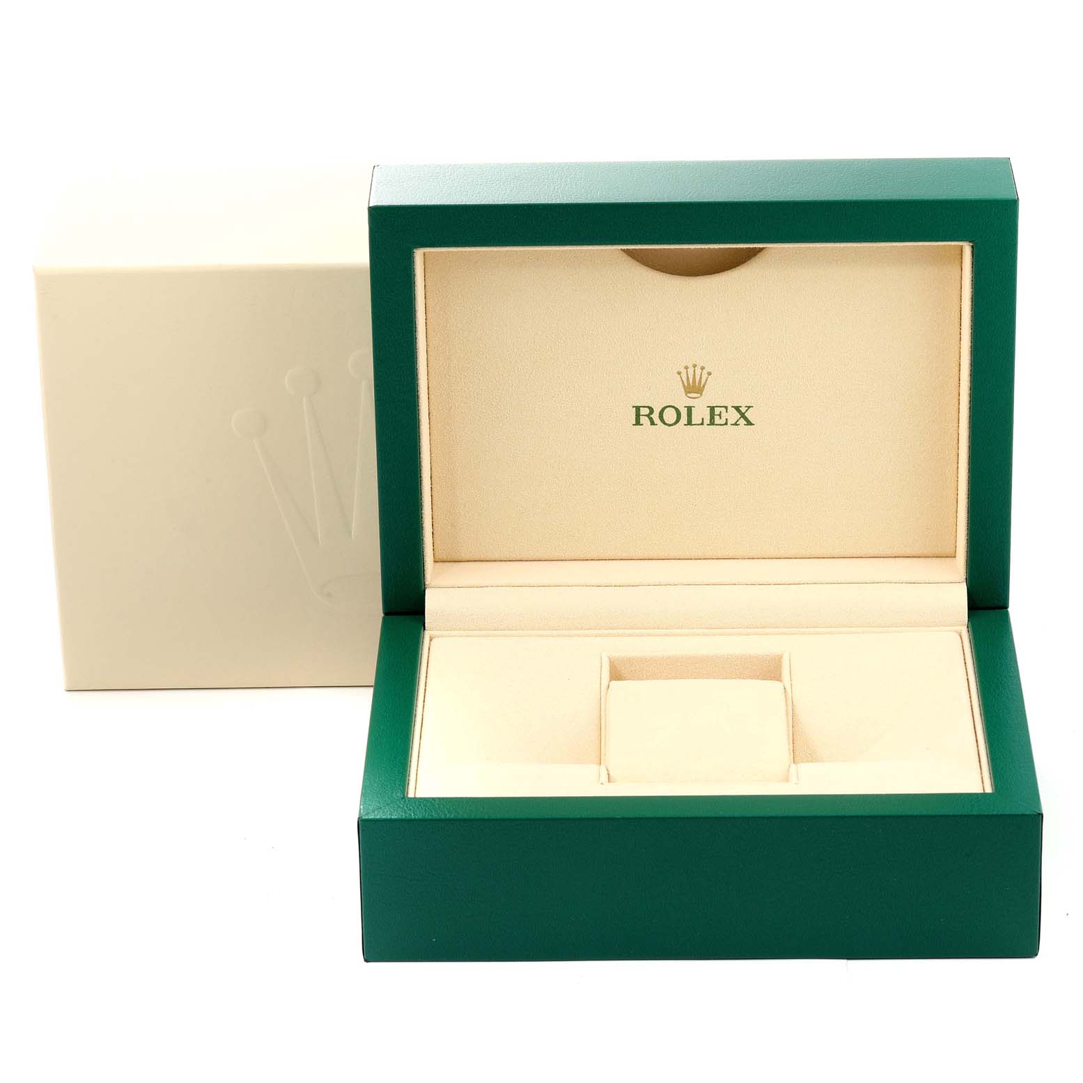 The image shows an open green and beige Rolex watch box for a Submariner model.