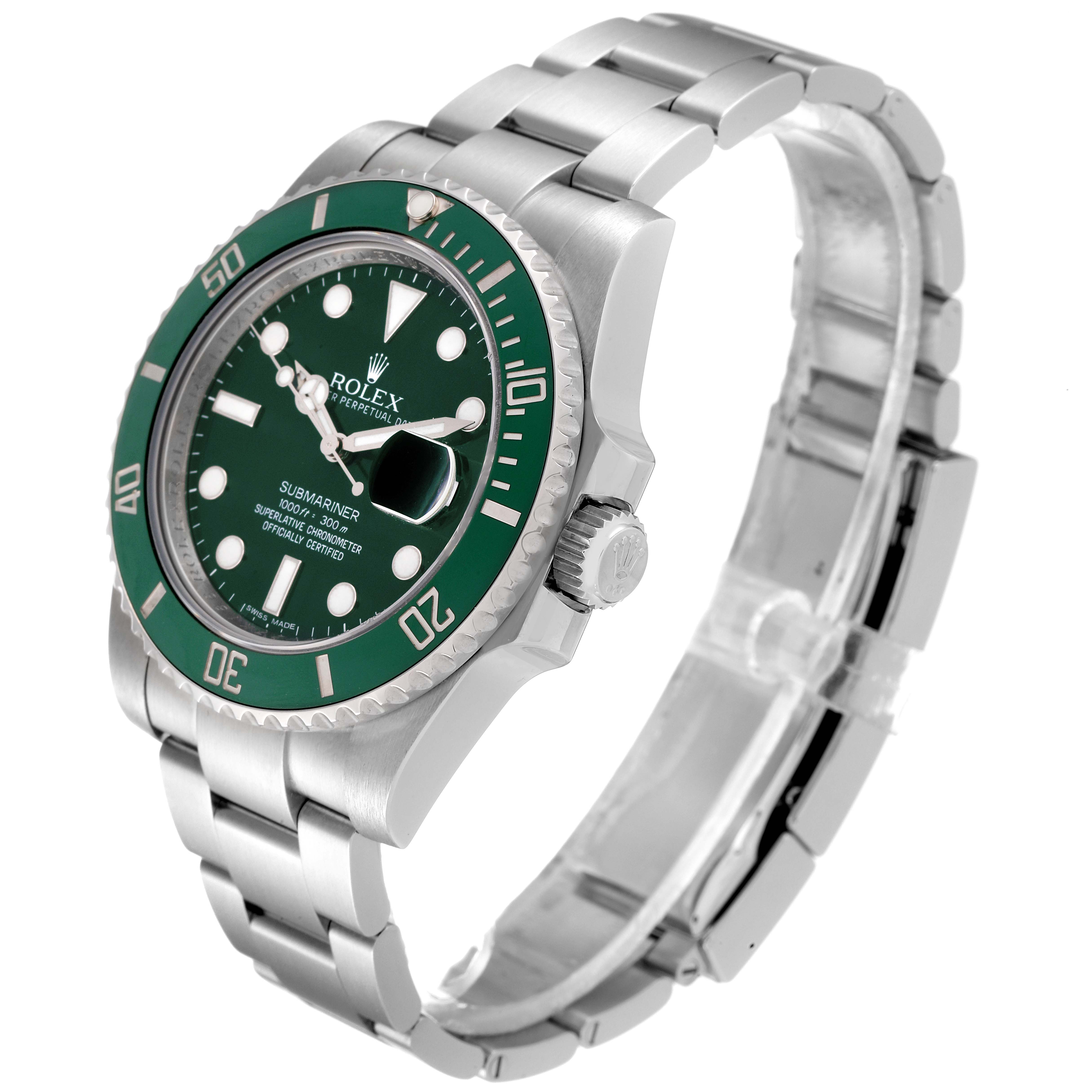 The Rolex Submariner 116610LV Men
s Stainless Steel Green Dial 116610LV Men
s Stainless Steel Green Dial watch is shown from an angled side view, highlighting its green bezel, dial, crown, and stainless steel bracelet.
