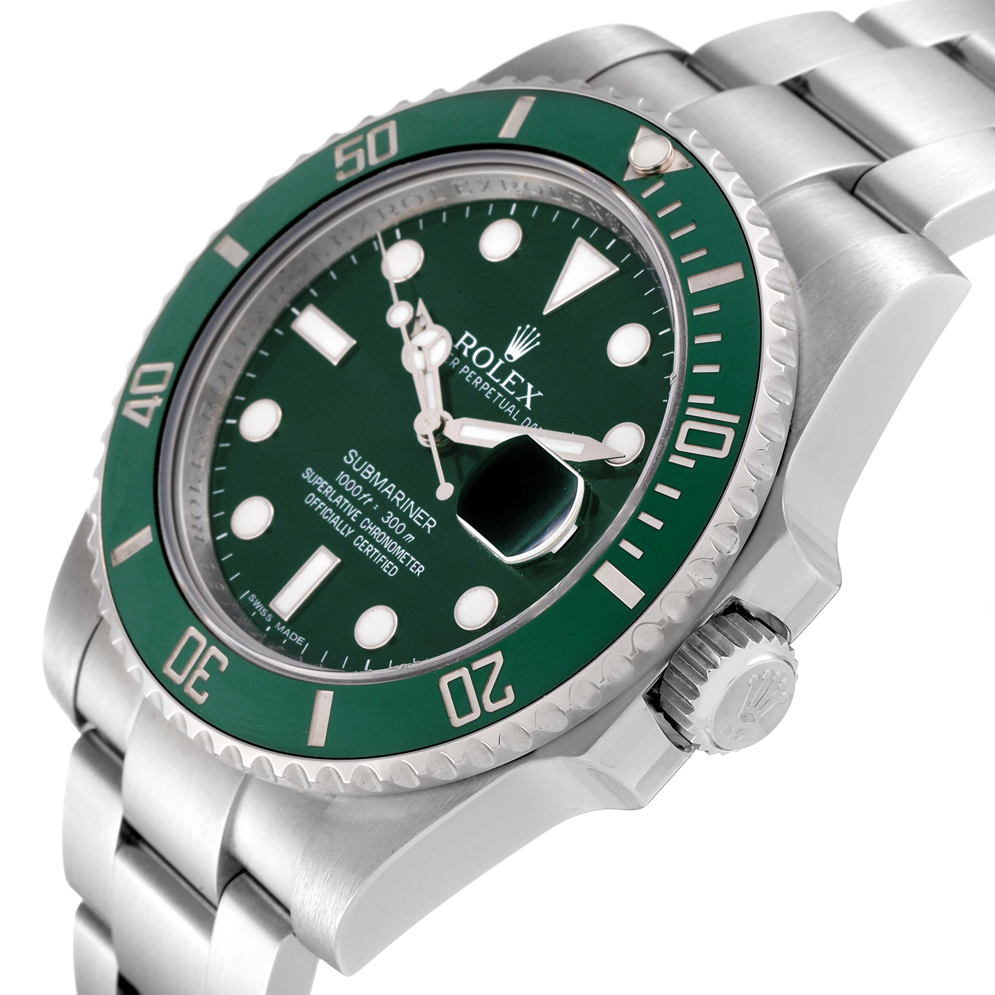 The image shows a Rolex Submariner 116610LV Men
s Stainless Steel Green Dial 116610LV Men
s Stainless Steel Green Dial watch at a slight angle, highlighting its green bezel, crown, and metal bracelet.