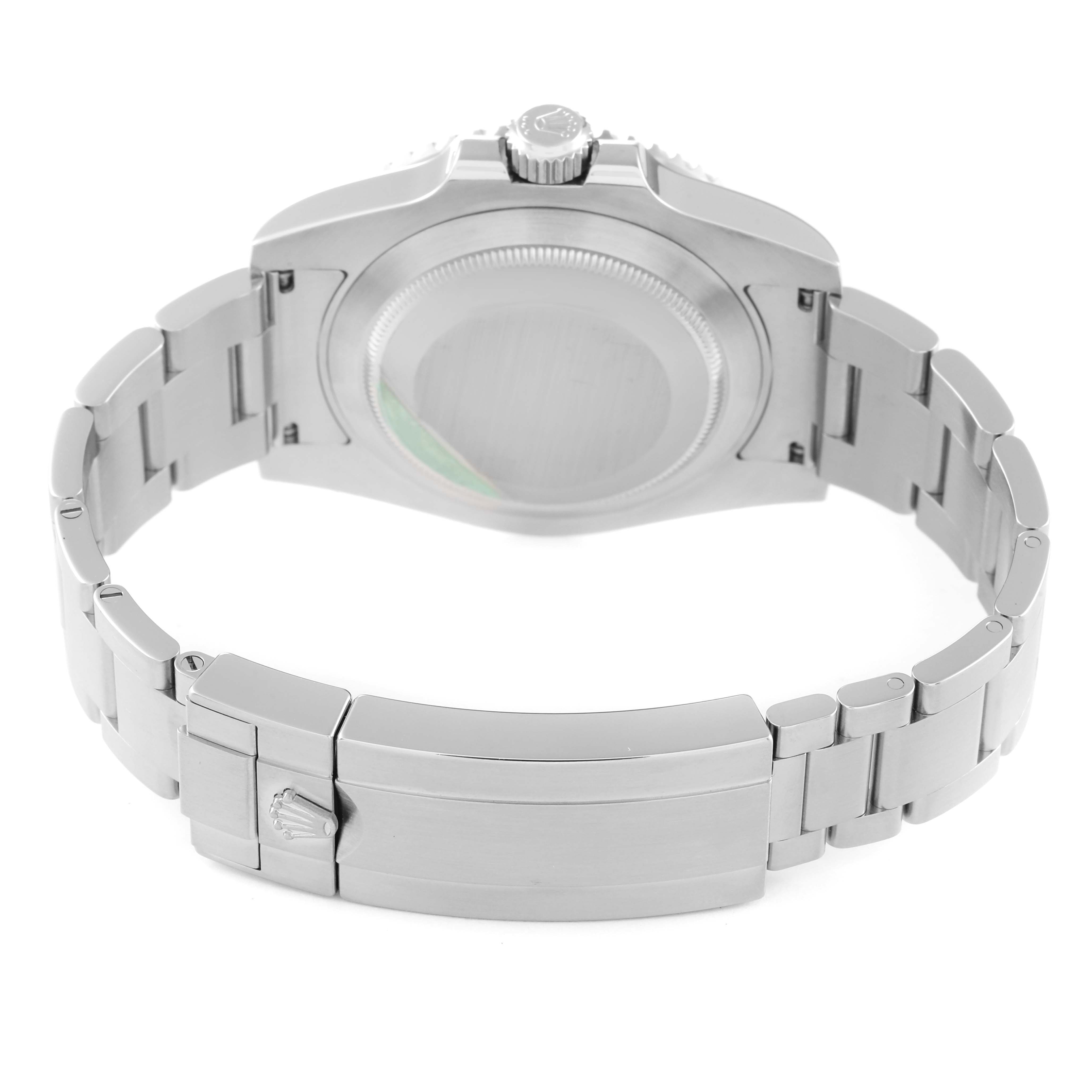 The image shows the back view of a Rolex Submariner 116610LV Men
s Stainless Steel Green Dial 116610LV Men
s Stainless Steel Green Dial model, highlighting its stainless steel bracelet and clasp.