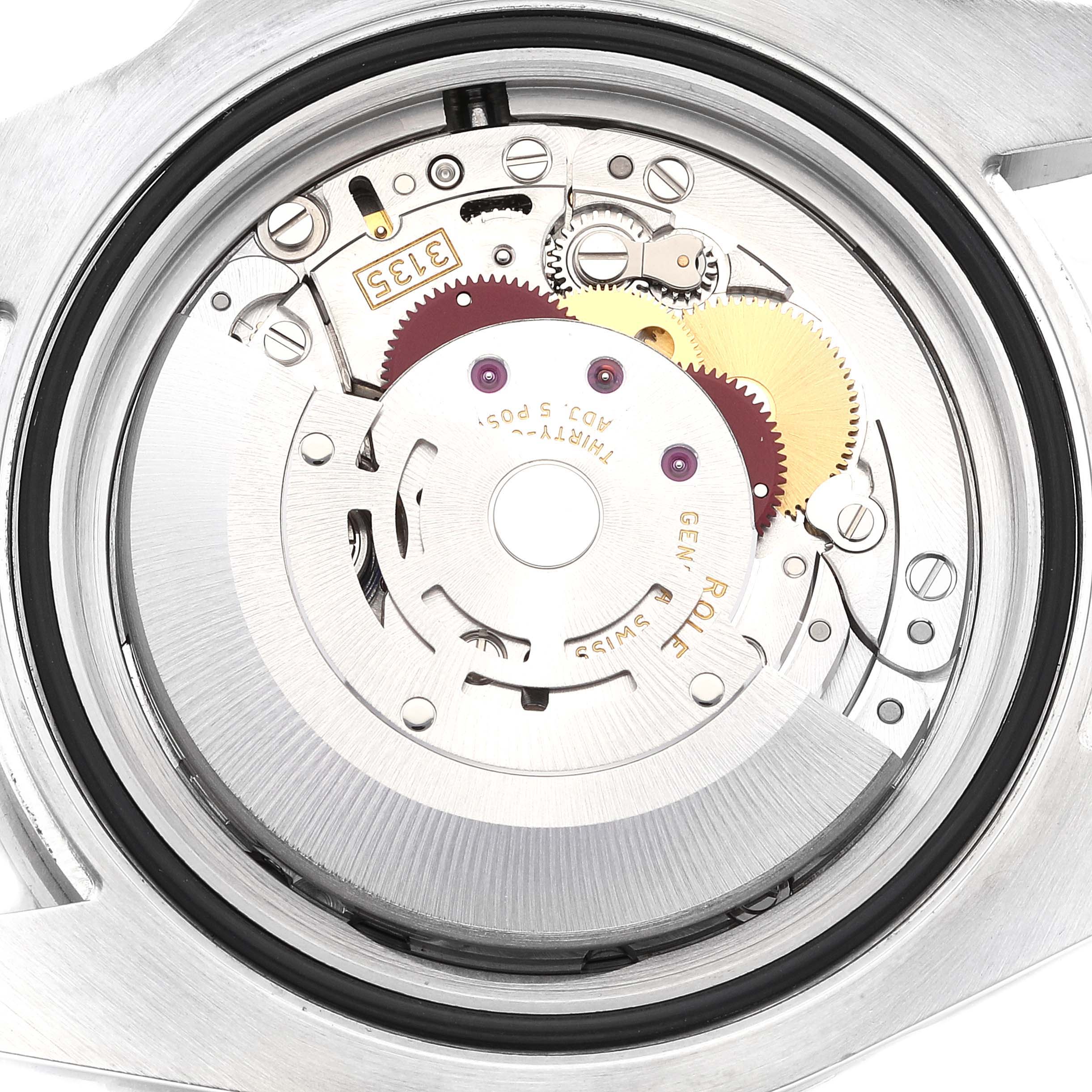 This image shows the internal movement components of a Rolex Submariner 116610LV Men
s Stainless Steel Green Dial 116610LV Men
s Stainless Steel Green Dial watch from a close-up top-down angle.