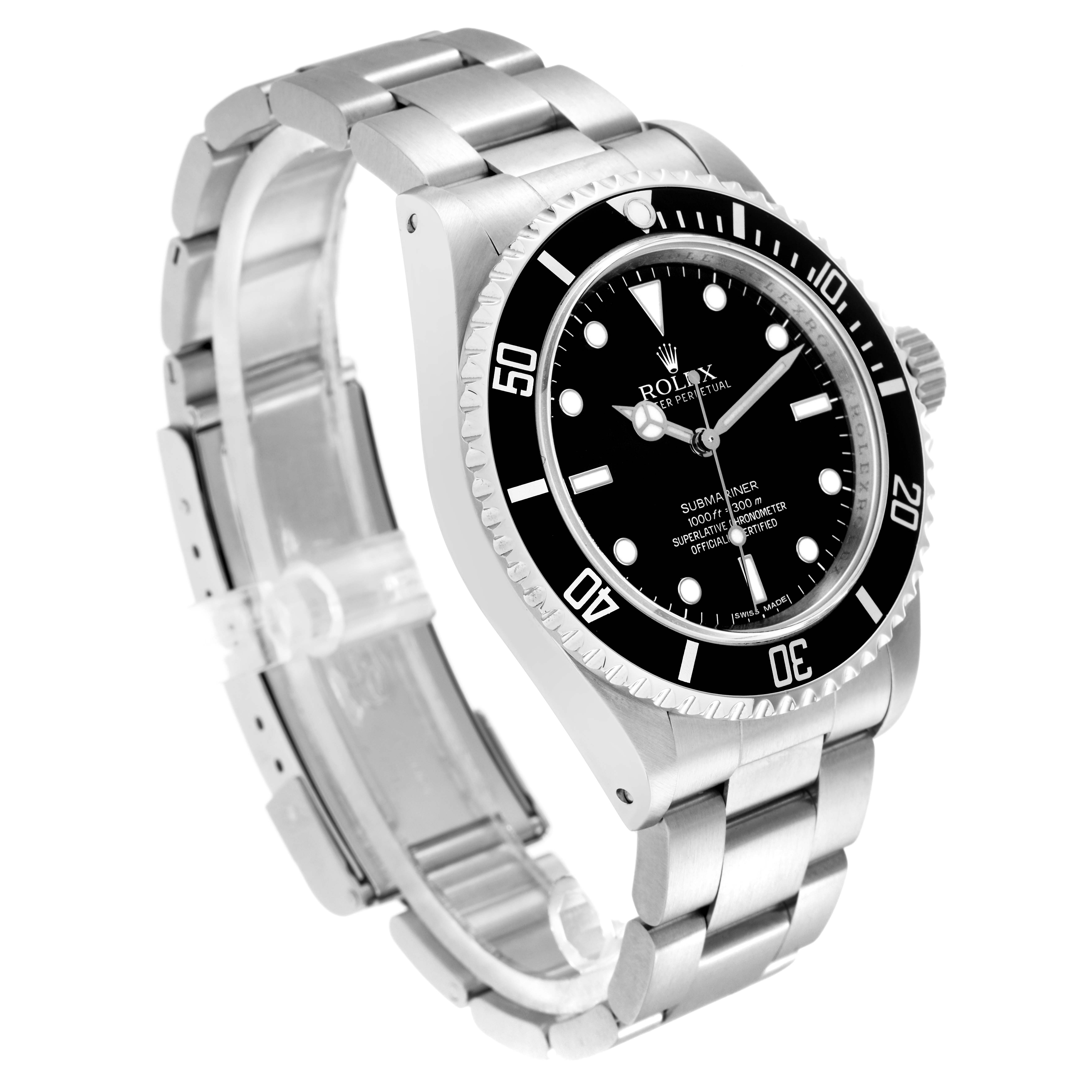 The Rolex Submariner model 14060 is shown at a three-quarter angle, displaying the face, bezel, crown, and bracelet of the men's watch.