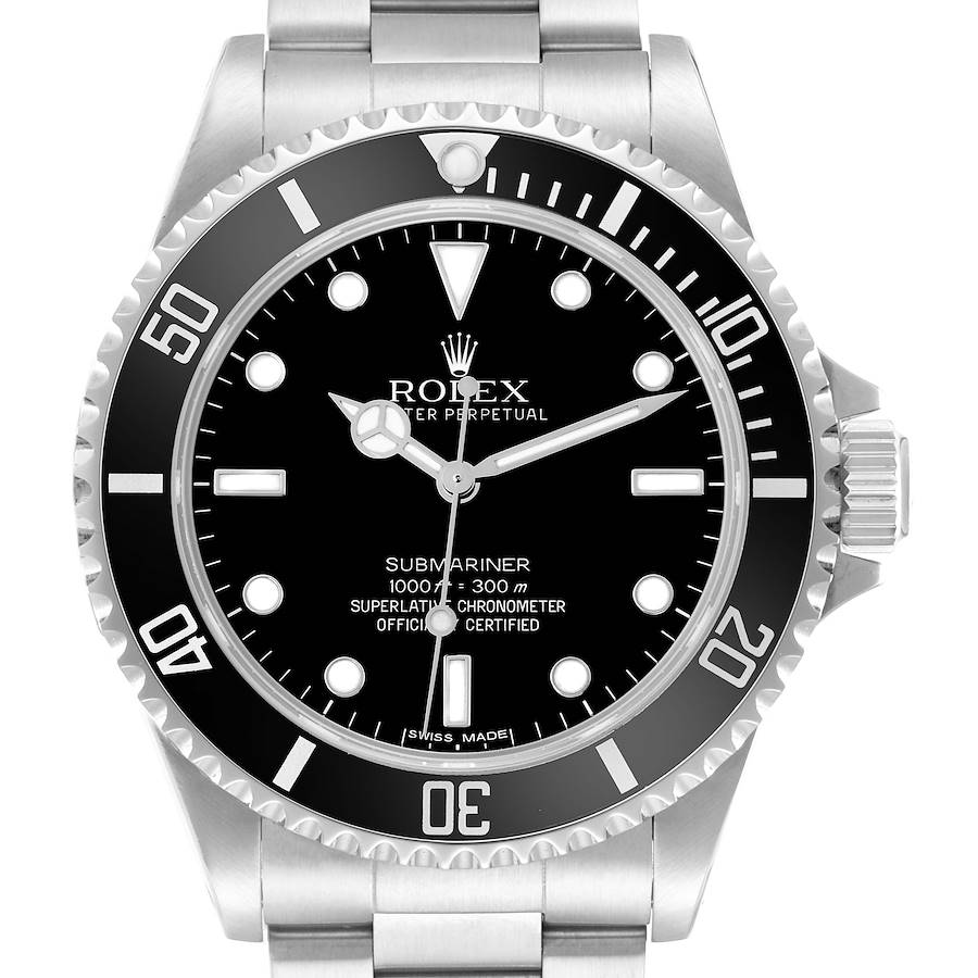 The Rolex Submariner model 14060 men's watch is shown from a front angle, displaying the dial, bezel, and part of the bracelet.