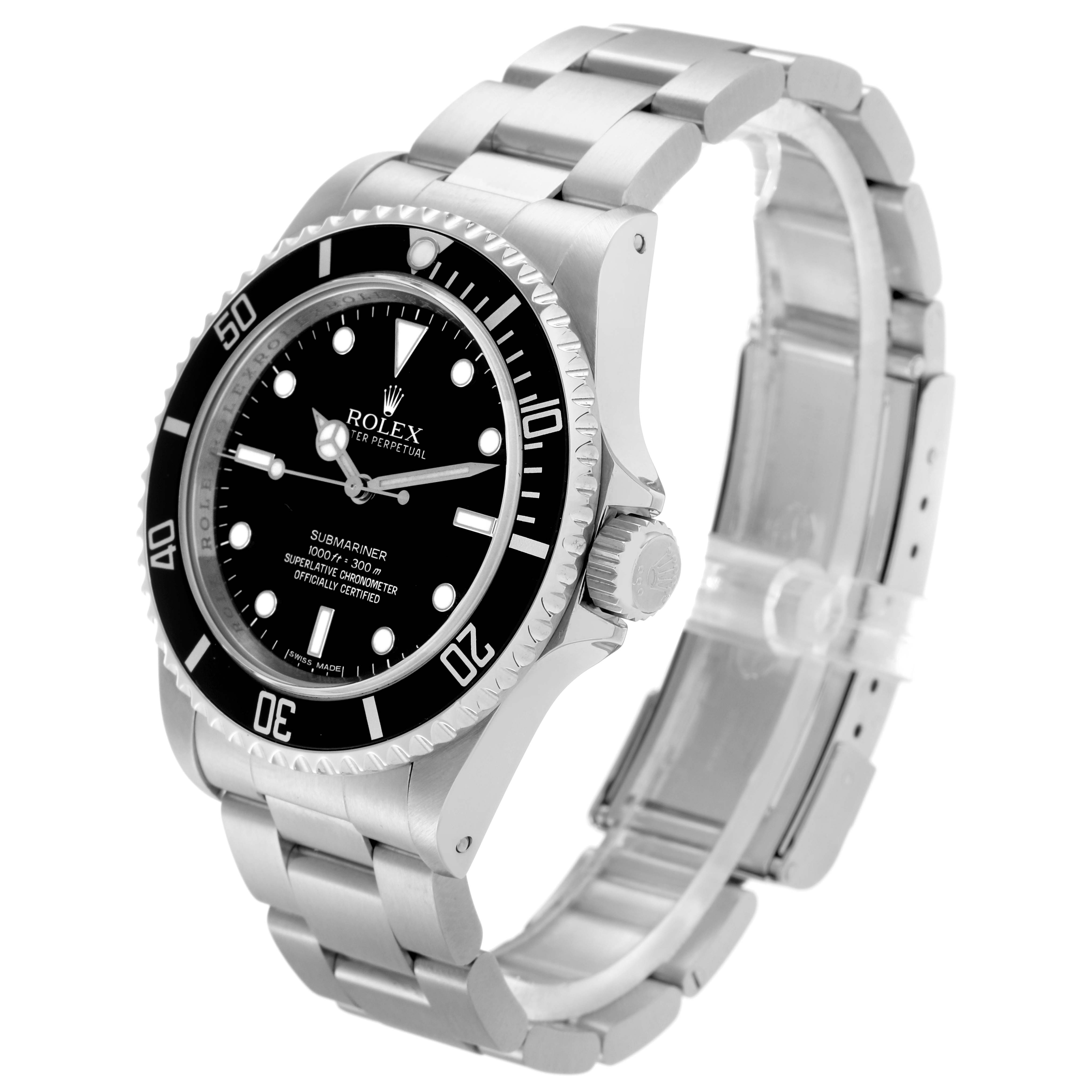 The Rolex Submariner model 14060 is shown at an angle highlighting the face, bezel, crown, and part of the stainless steel bracelet.