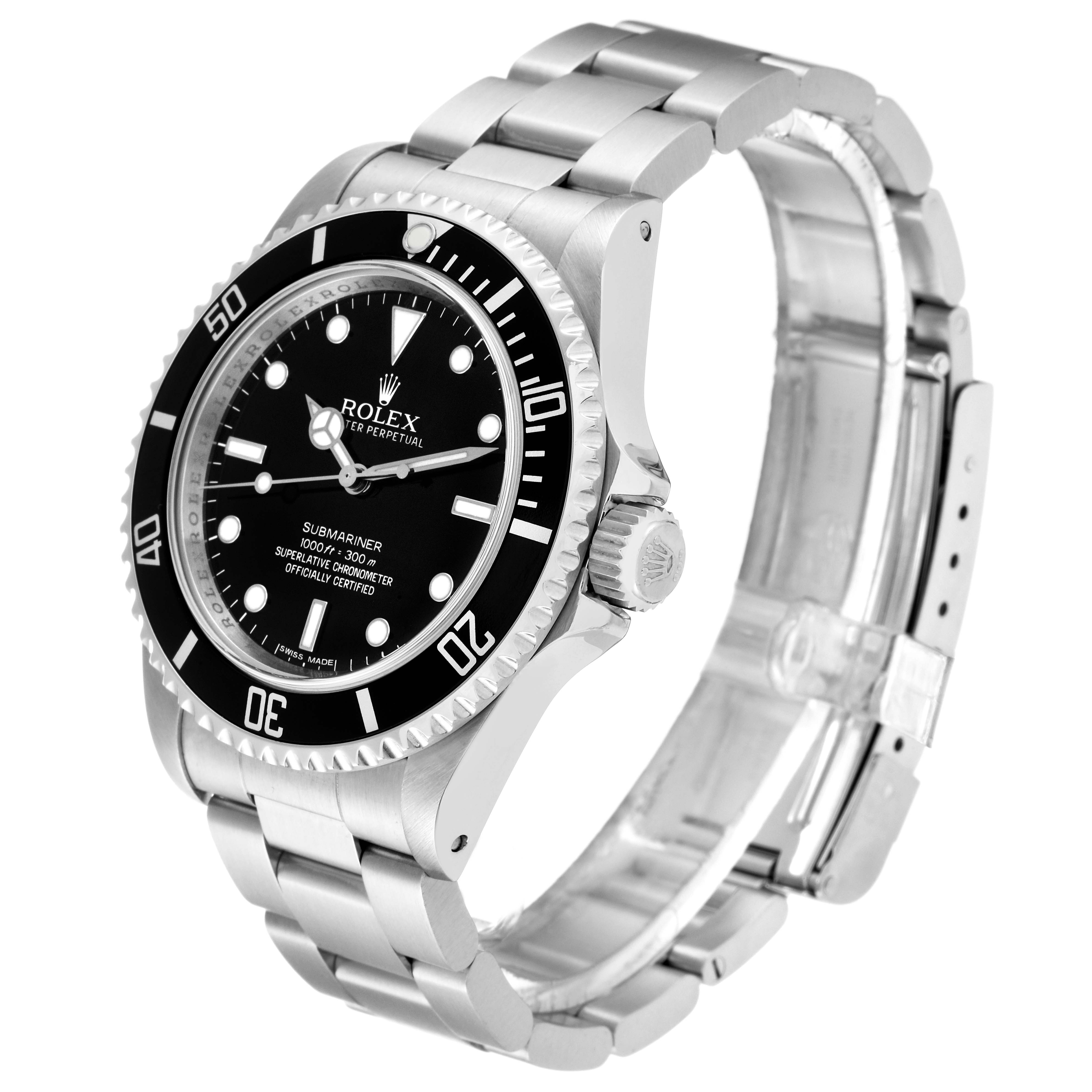 This image shows a Rolex Submariner 14060M Men
s Stainless Steel Black Dial 14060M Men
s Stainless Steel Black Dial watch angled to display the face, bezel, and stainless steel bracelet.
