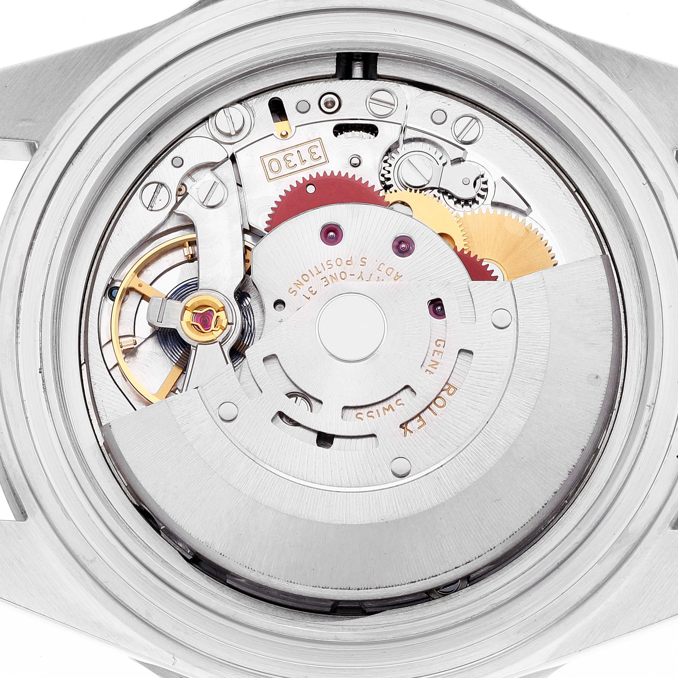 This image shows the internal mechanism and movement of a Rolex Submariner 14060M Men
s Stainless Steel Black Dial 14060M Men
s Stainless Steel Black Dial watch viewed from the back.