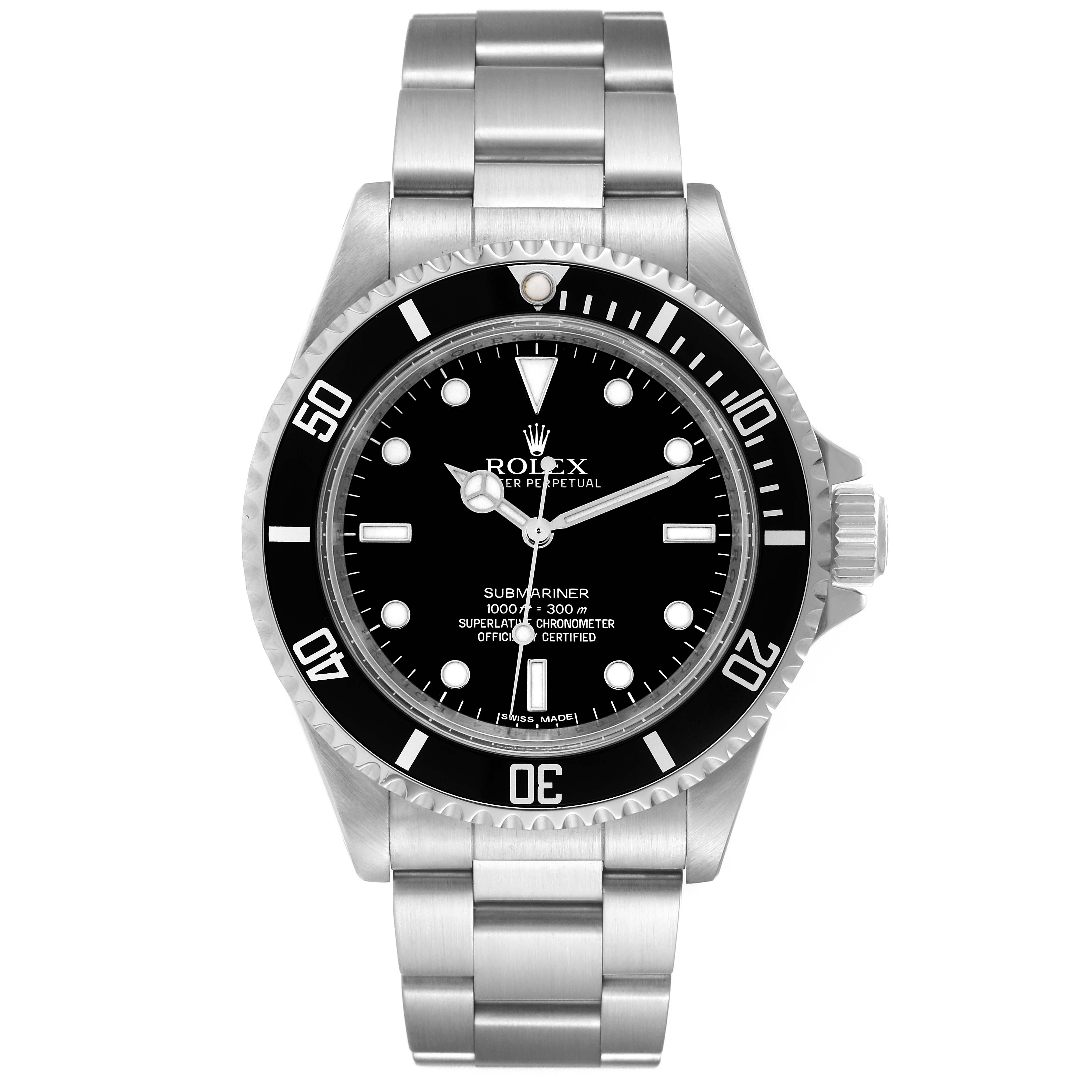 The image shows a front view of a Rolex Submariner 14060M Men
s Stainless Steel Black Dial 14060M Men
s Stainless Steel Black Dial watch, including its dial, bezel, and bracelet.