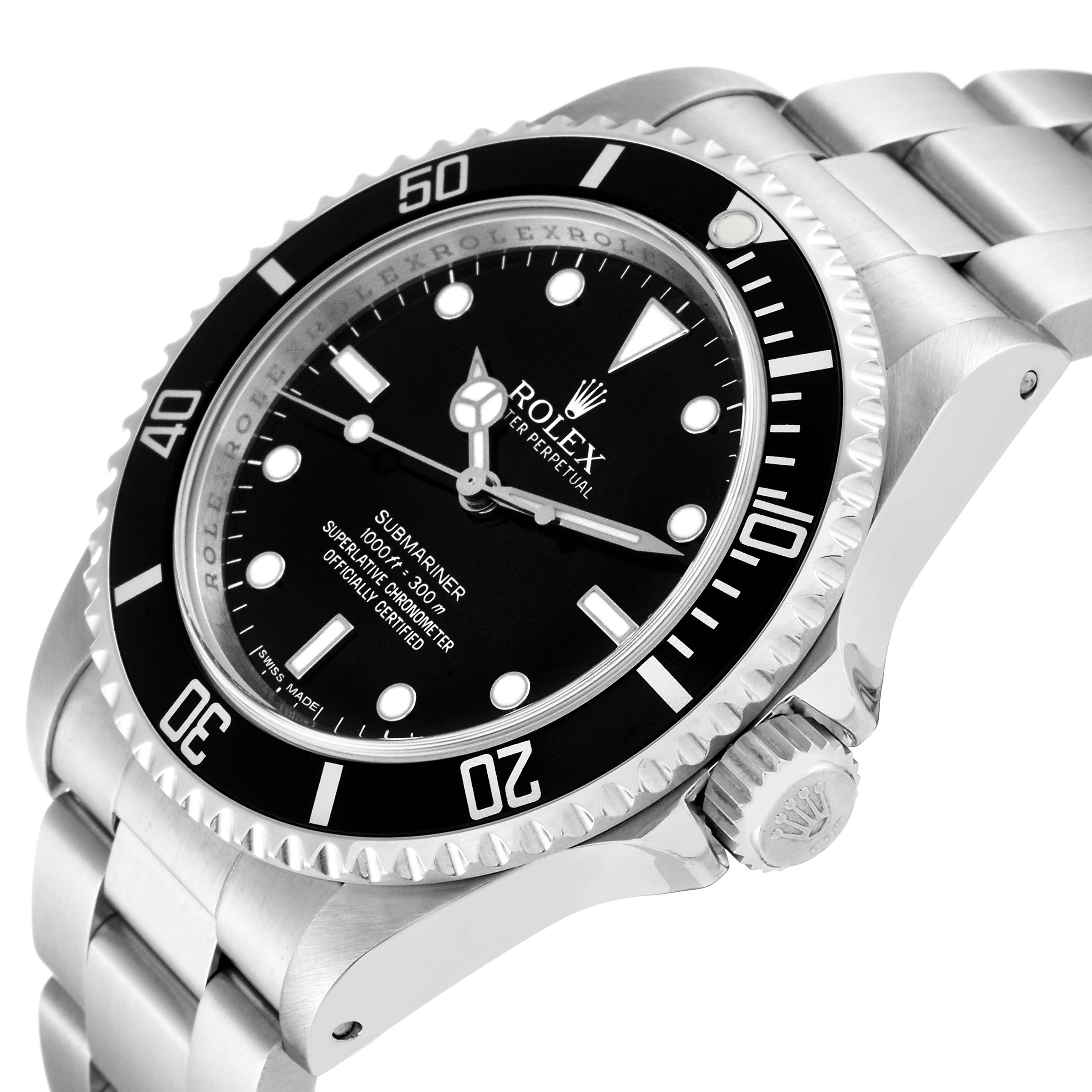 This image shows a Rolex Submariner 14060M Men
s Stainless Steel Black Dial 14060M Men
s Stainless Steel Black Dial watch from a slight side angle, focusing on the bezel, dial, crown, and a portion of the bracelet.