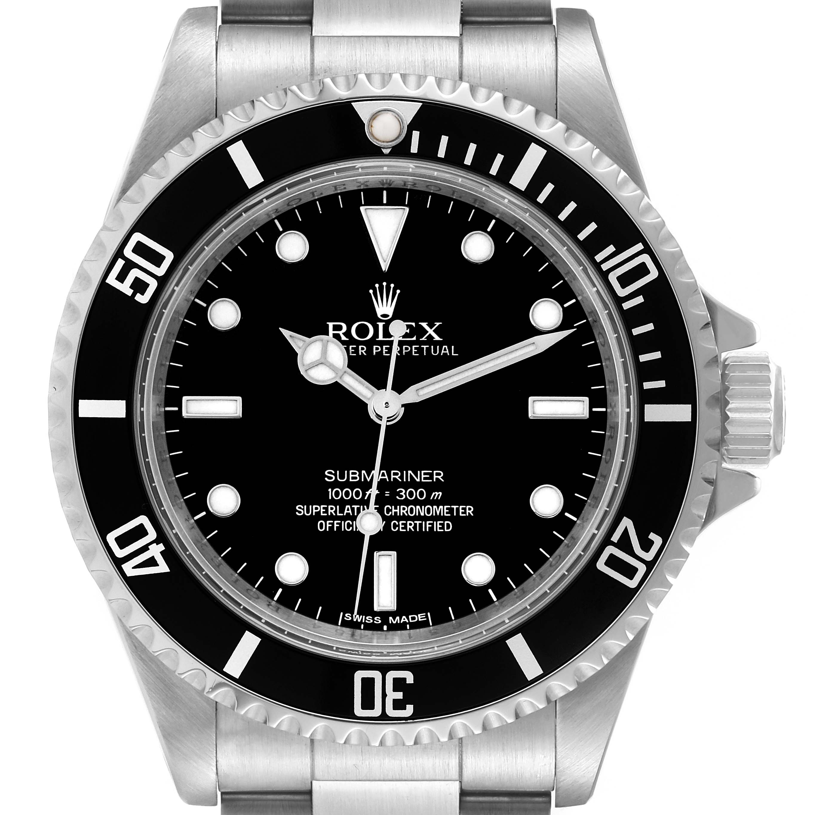 This image shows the face of a Rolex Submariner 14060M Men
s Stainless Steel Black Dial 14060M Men
s Stainless Steel Black Dial watch, displaying the bezel, dial, hands, hour markers, and part of the bracelet.
