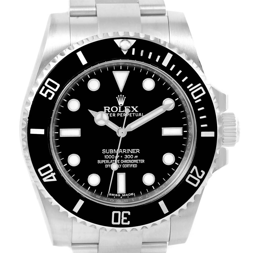 The image shows a front view of the Rolex Submariner 114060 Men
s Stainless Steel Black Dial 114060 Men
s Stainless Steel Black Dial watch, highlighting the dial, bezel, crown, and part of the bracelet.