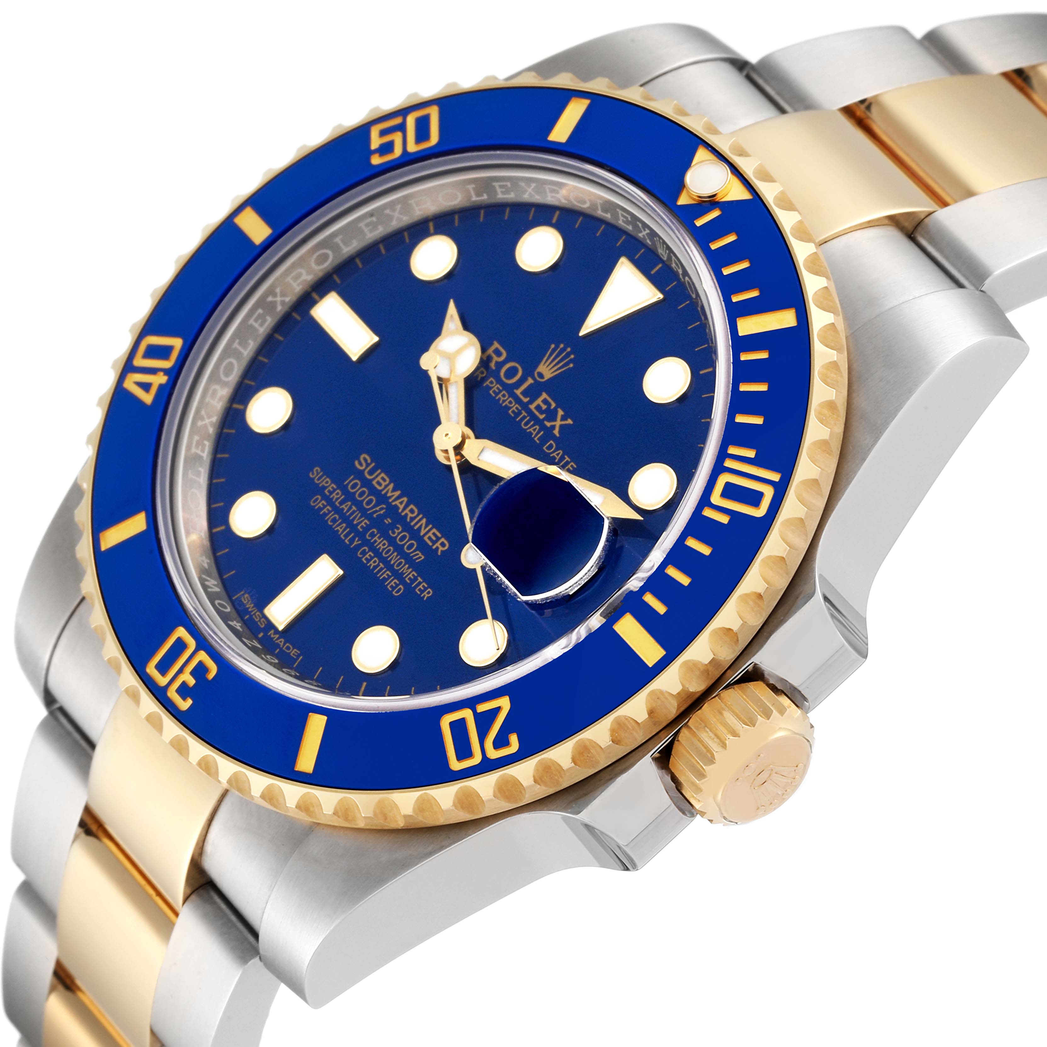 This image shows a close-up angle of a Rolex Submariner 116613 Men's Steel and Gold (two tone) Blue Dial 116613 Men's Steel and Gold (two tone) Blue Dial watch, highlighting its blue dial, bezel, and two-tone bracelet.