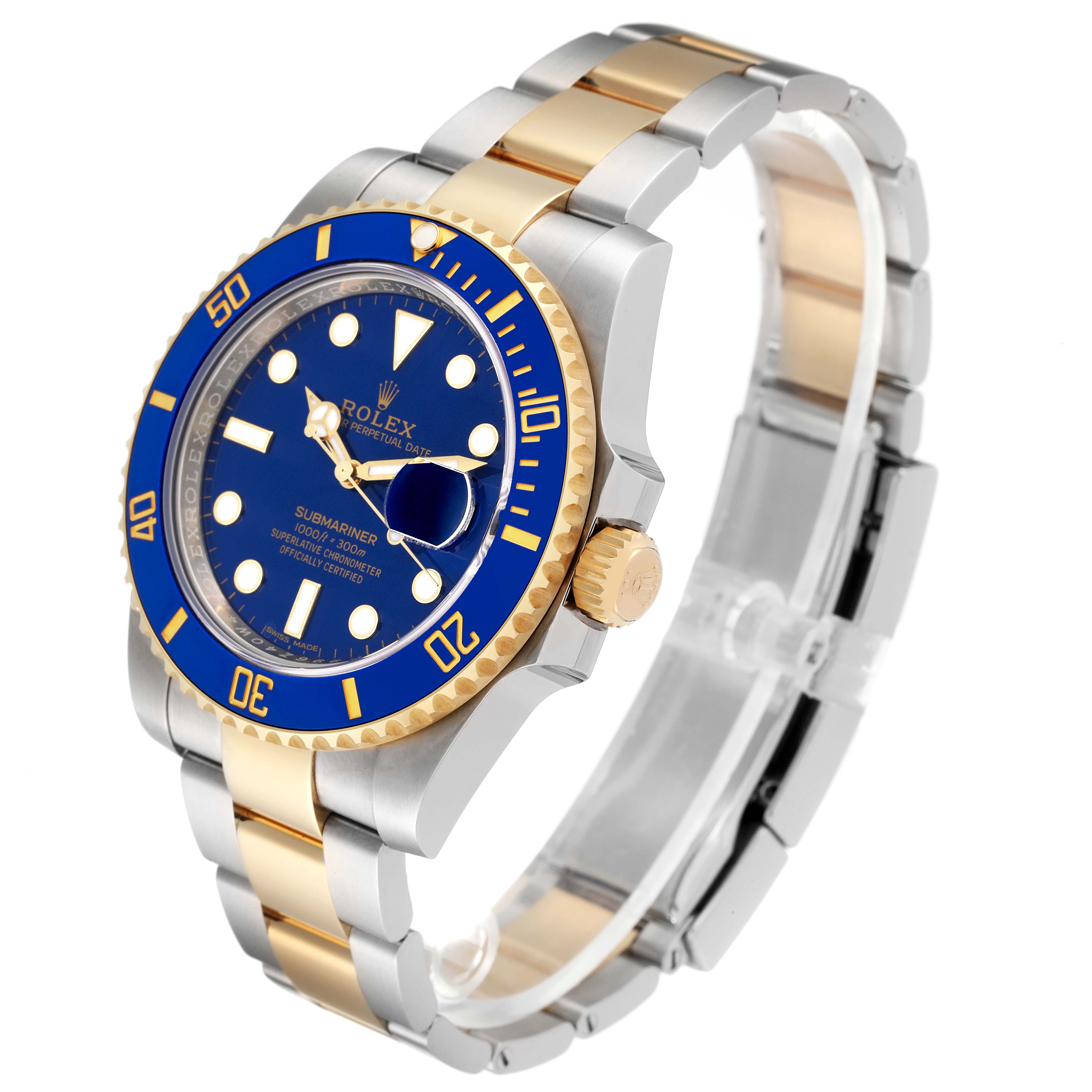 The image shows a Rolex Submariner 116613 Men's Steel and Gold (two tone) Blue Dial 116613 Men's Steel and Gold (two tone) Blue Dial watch at a 3/4 angle, highlighting its blue bezel, dial, and two-tone metal bracelet.