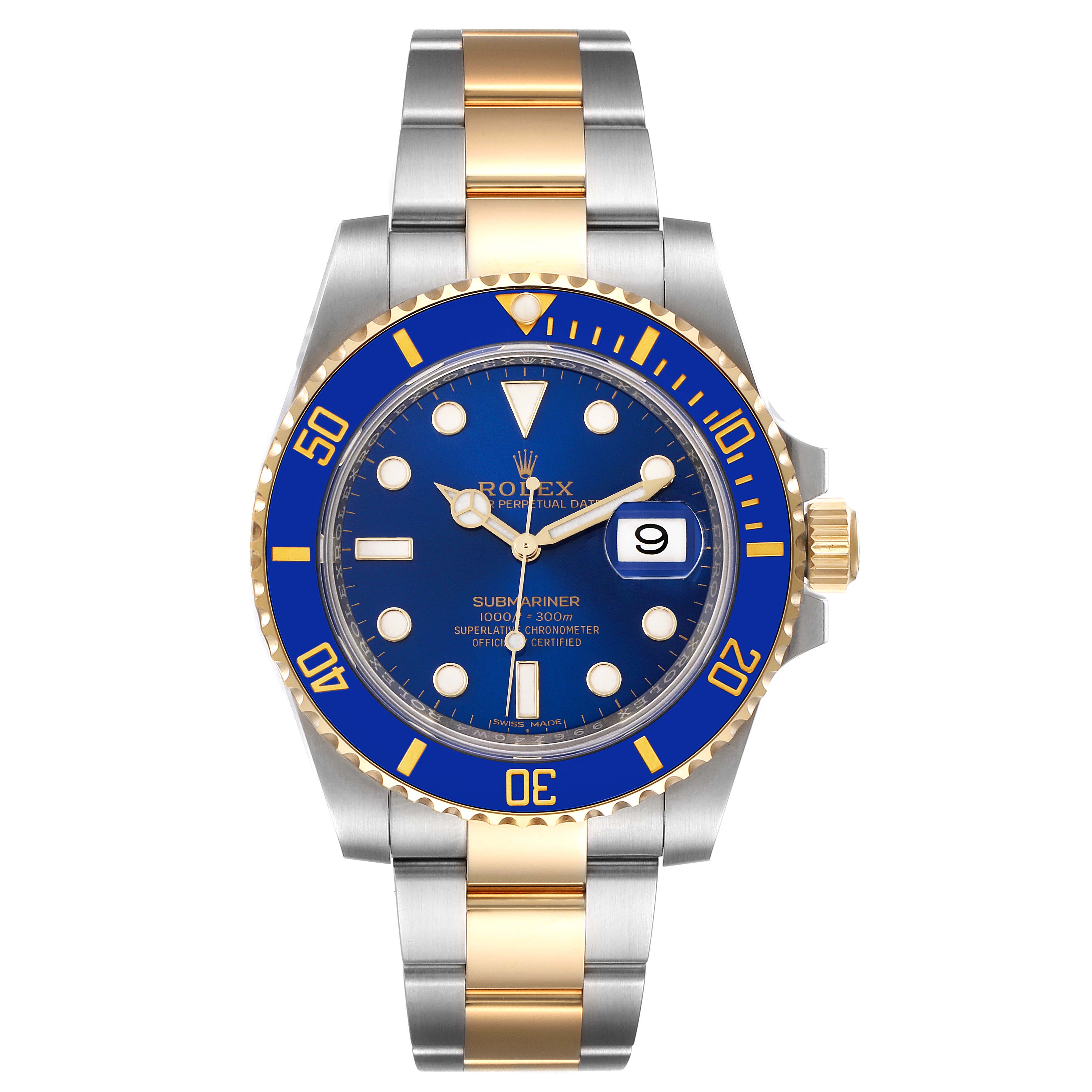 This image shows a front view of a Rolex Submariner 116613 Men's Steel and Gold (two tone) Blue Dial 116613 Men's Steel and Gold (two tone) Blue Dial watch, featuring a blue dial and two-tone metal bracelet.