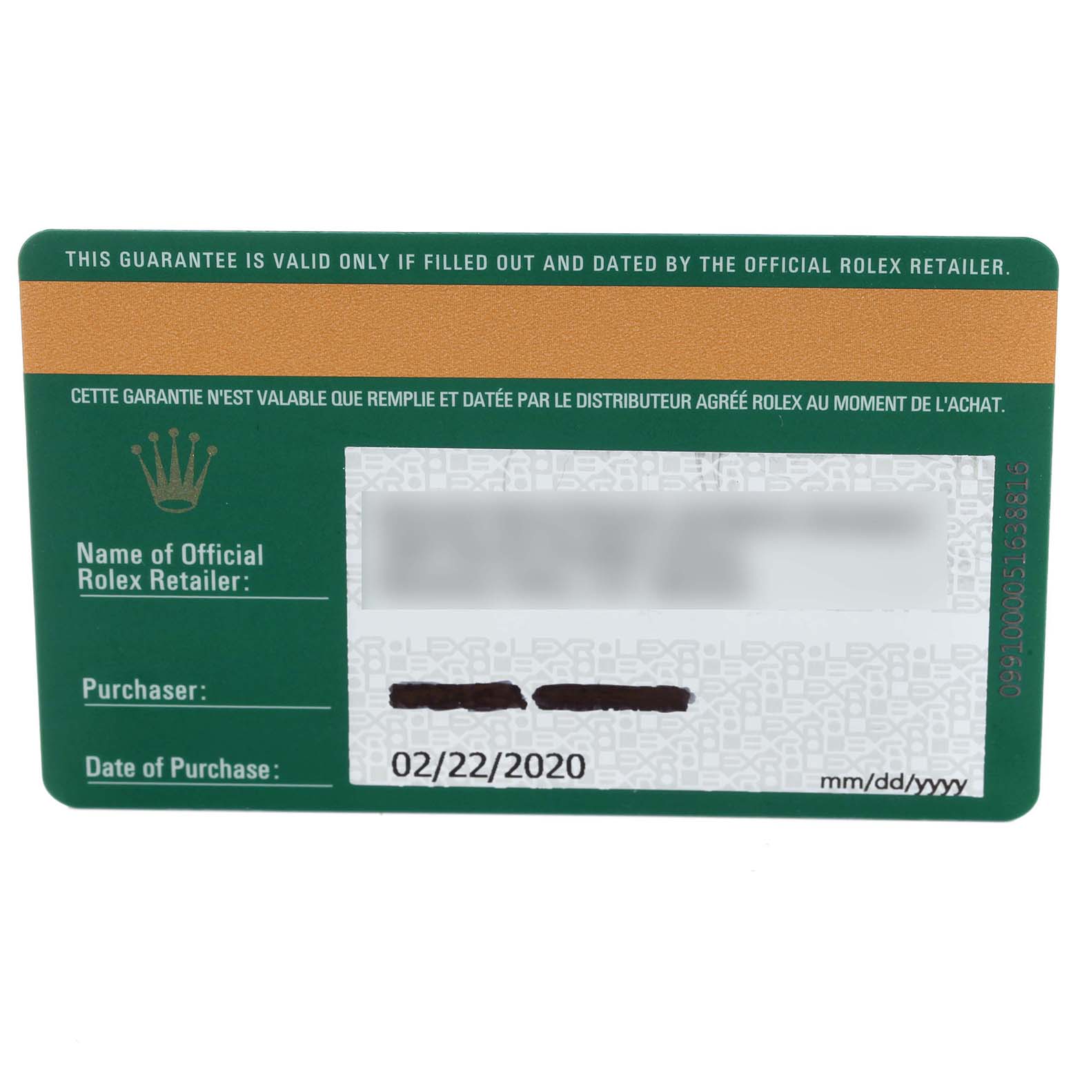 This image displays a guarantee card for the Rolex Submariner 116613 Men's Steel and Gold (two tone) Blue Dial 116613 Men's Steel and Gold (two tone) Blue Dial watch, showing the retailer's name, purchaser's name, and date of purchase.