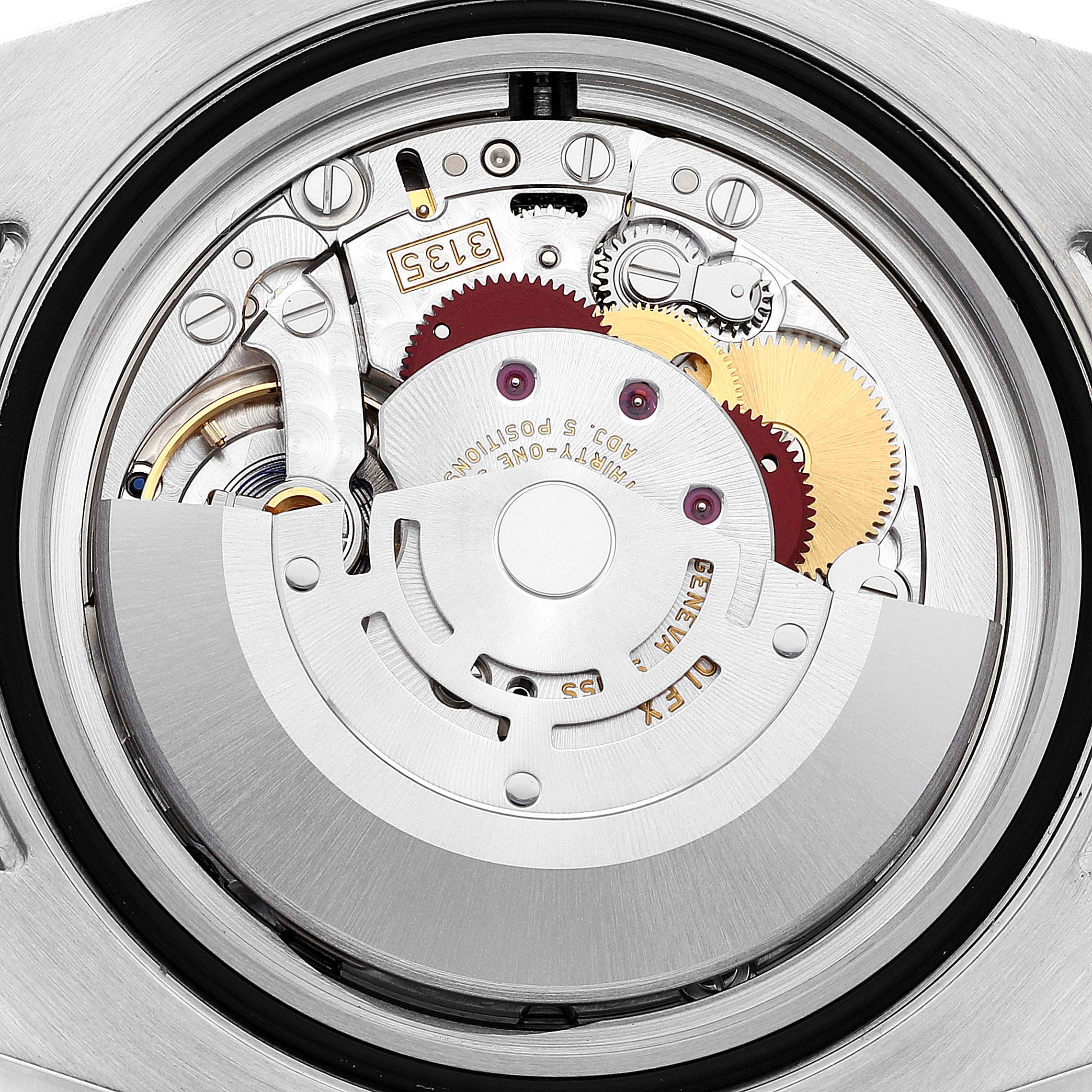 This close-up shot shows the intricate mechanical movement of the Rolex Submariner 116613 Men's Steel and Gold (two tone) Blue Dial 116613 Men's Steel and Gold (two tone) Blue Dial watch from the backside.