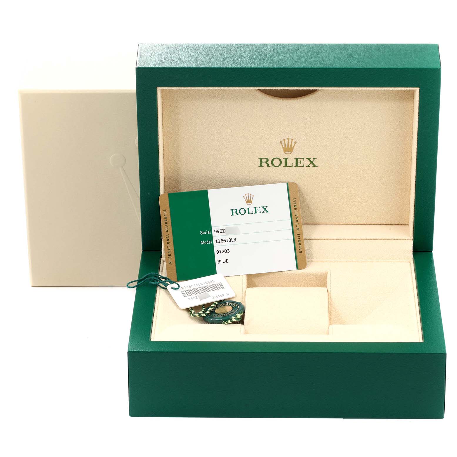 The image shows a Rolex Submariner 116613 Men's Steel and Gold (two tone) Blue Dial 116613 Men's Steel and Gold (two tone) Blue Dial model watch box with tags, packaging, and an empty cushion for the watch.